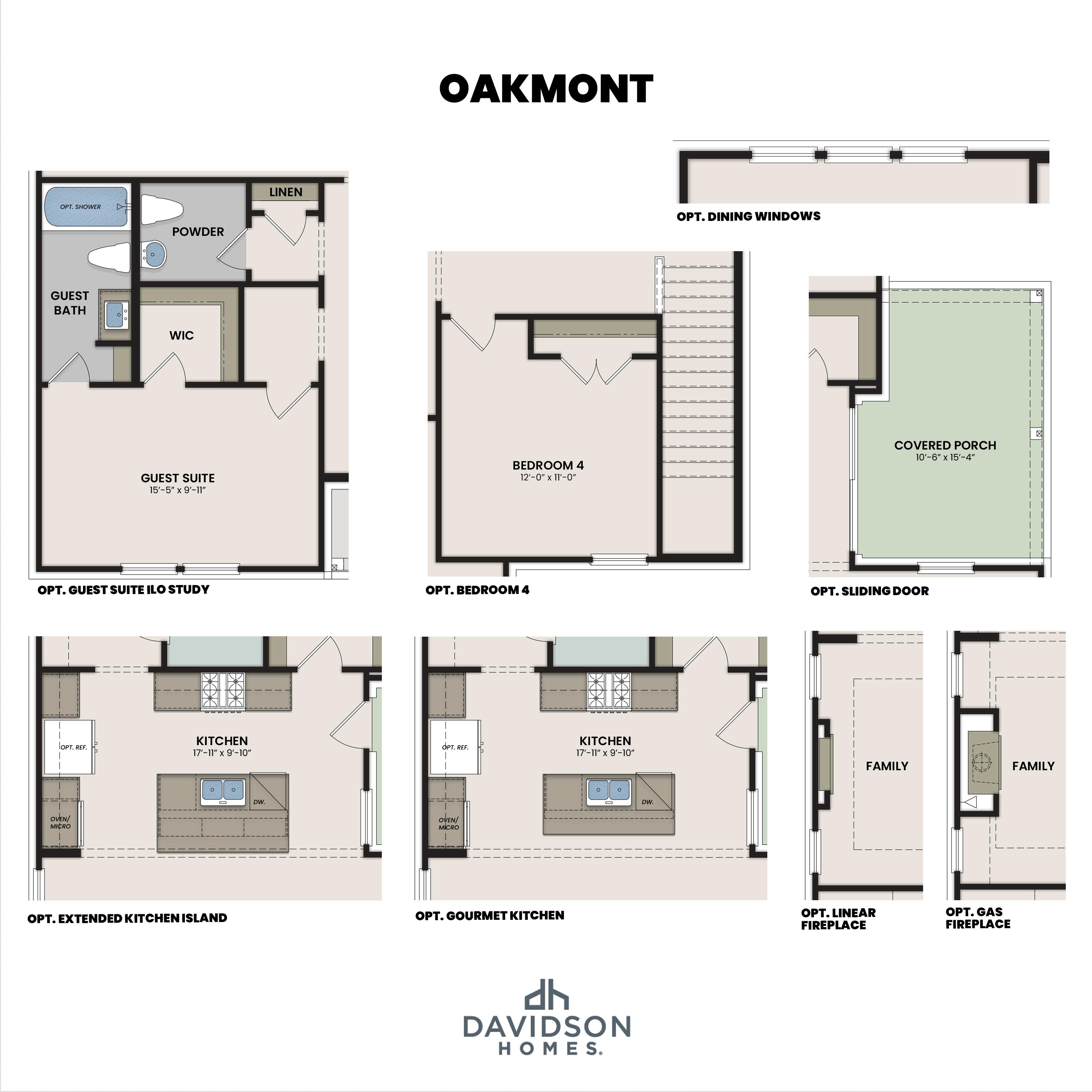 Optional floor plan layouts for The Oakmont by Davidson Homes featuring guest suite, gourmet kitchen, and fireplace options.
