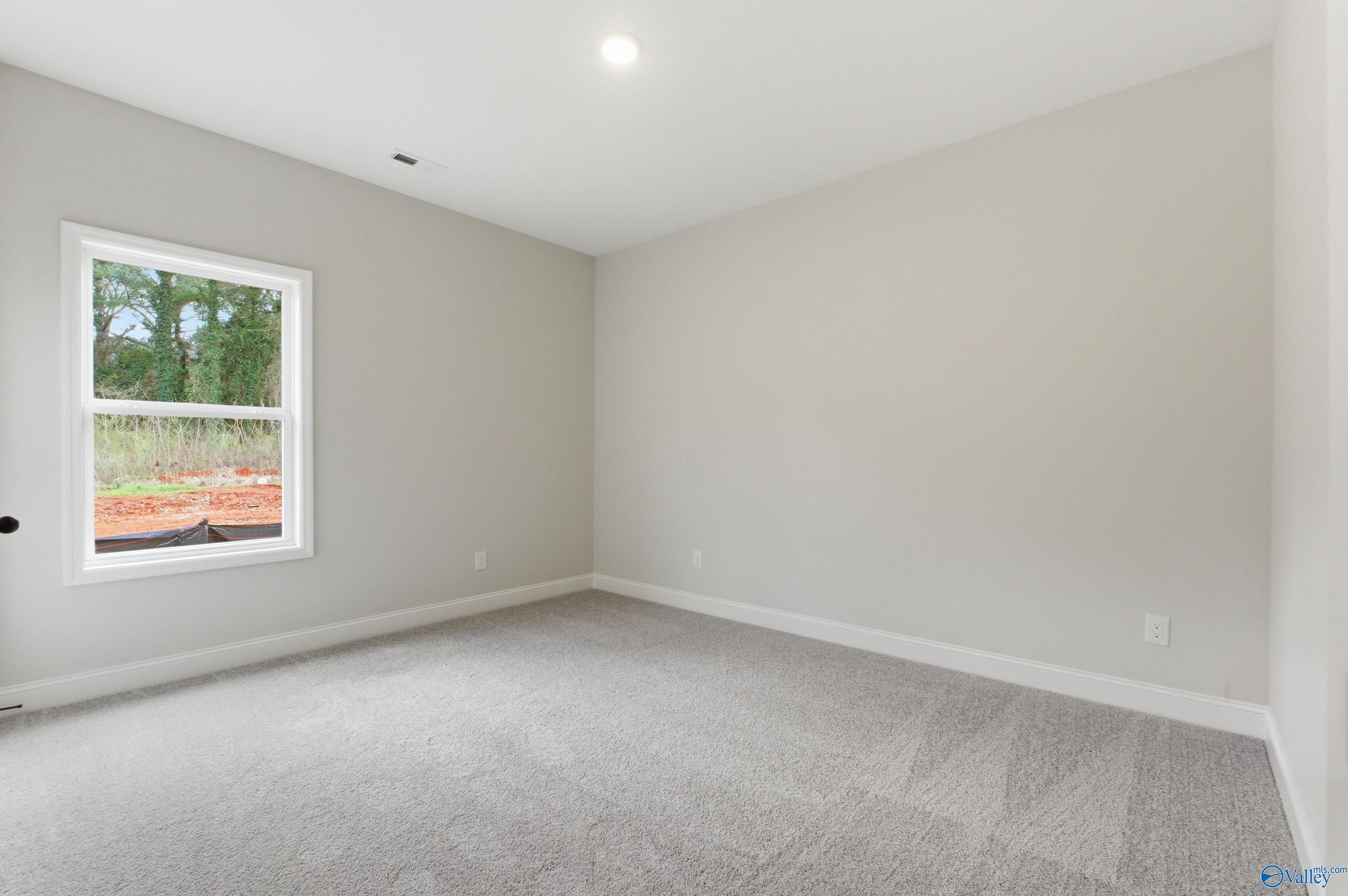 Bright empty bedroom with gray walls, beige carpet, and large window to wooded yard in Davidson Homes The Daphne C, Huntsville AL