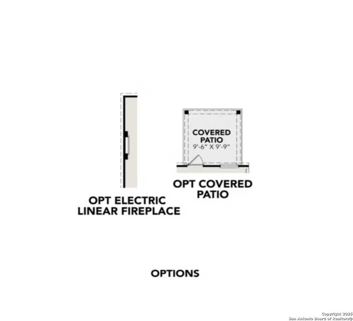Covered back patio with optional electric linear fireplace and extended patio in Davidson Homes The Trinity B, Applewhite Meadows, San Antonio