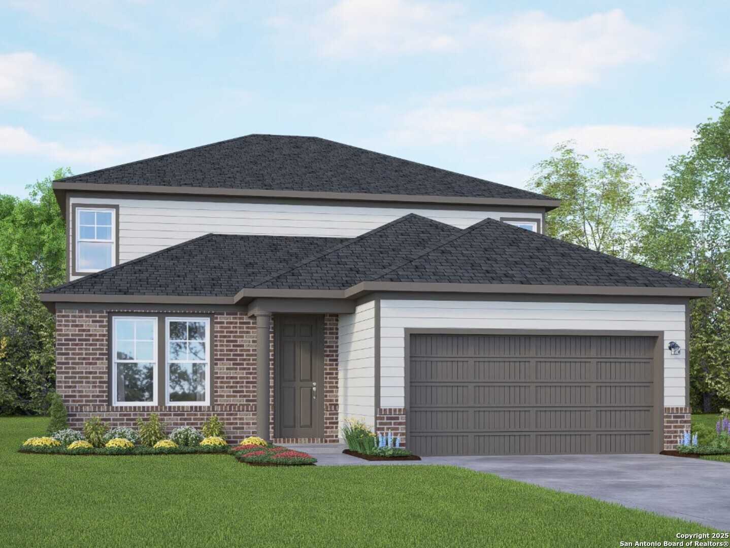 Two-story Douglas B home exterior with brick facade, black roof, 2-car garage, and landscaped yard in Horizon Pointe, Converse, Texas