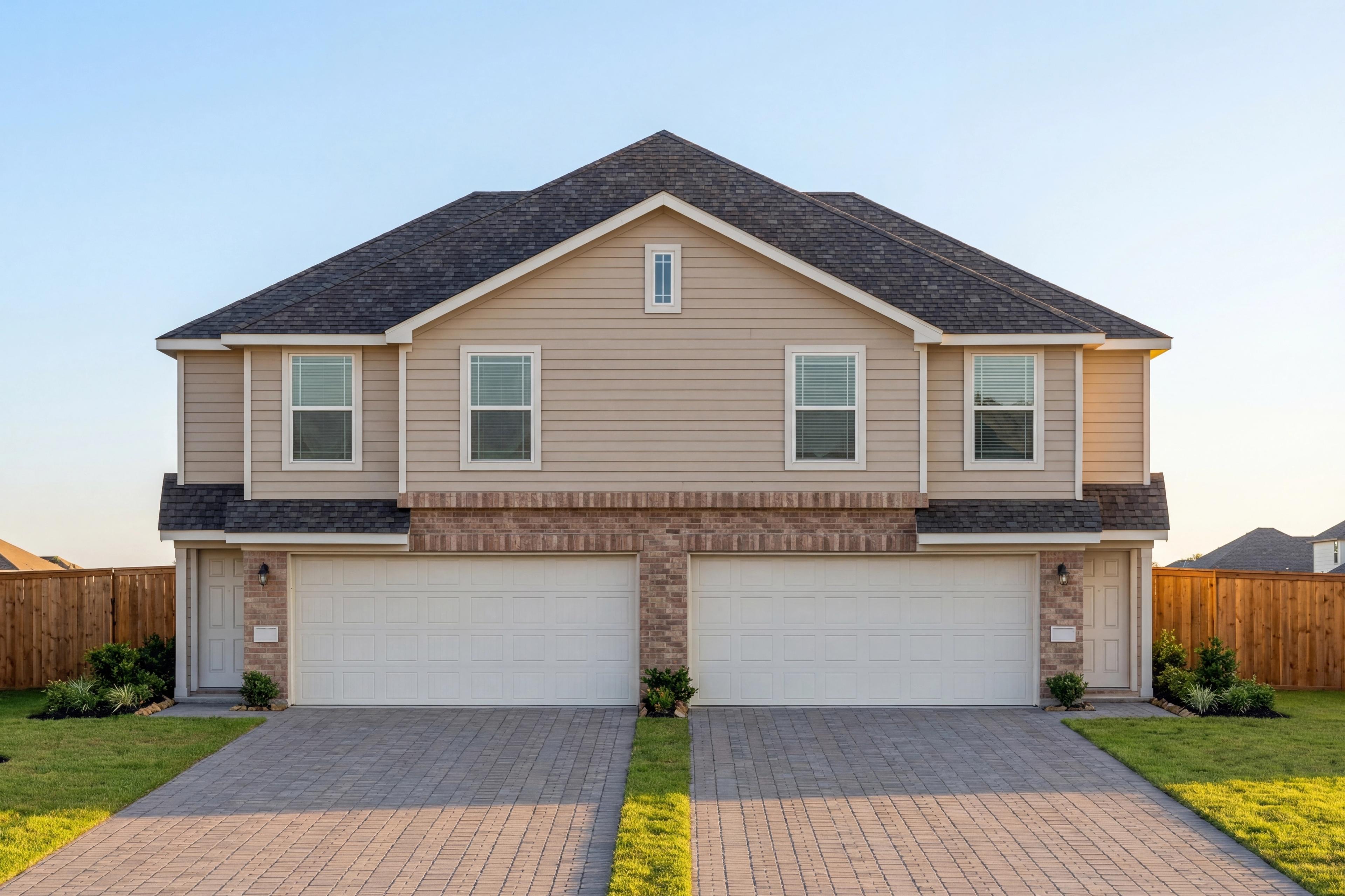 Two-story The Lily A home elevation in Cypress TX beige siding brick accents dark roof double garage landscaping