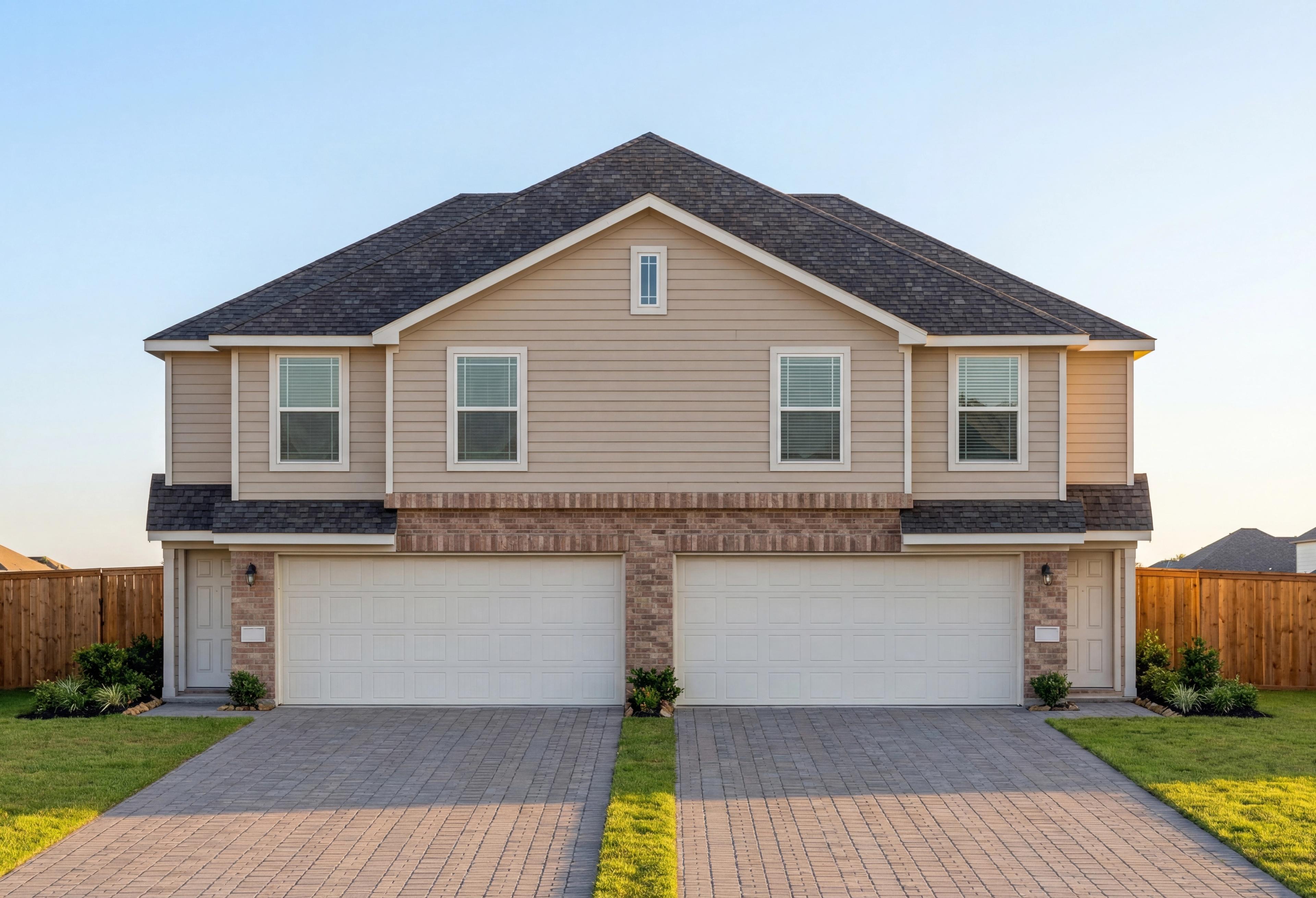 Two-story The Lily A home elevation in Cypress TX beige siding brick accents dark roof double garage landscaping