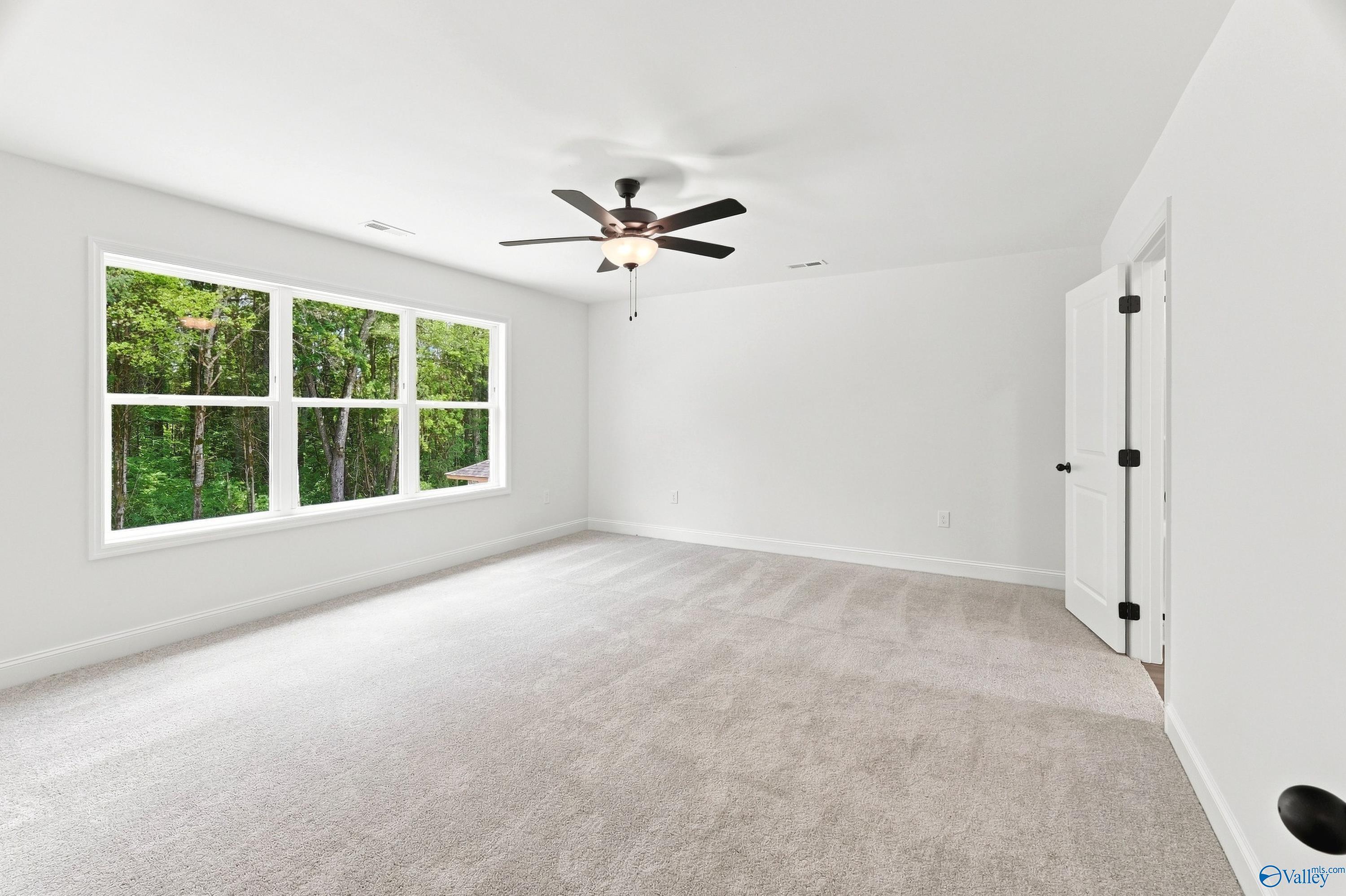 Spacious bedroom with plush carpet and large windows in The Shelby B floor plan at Jaguar Hills, Huntsville, Alabama.