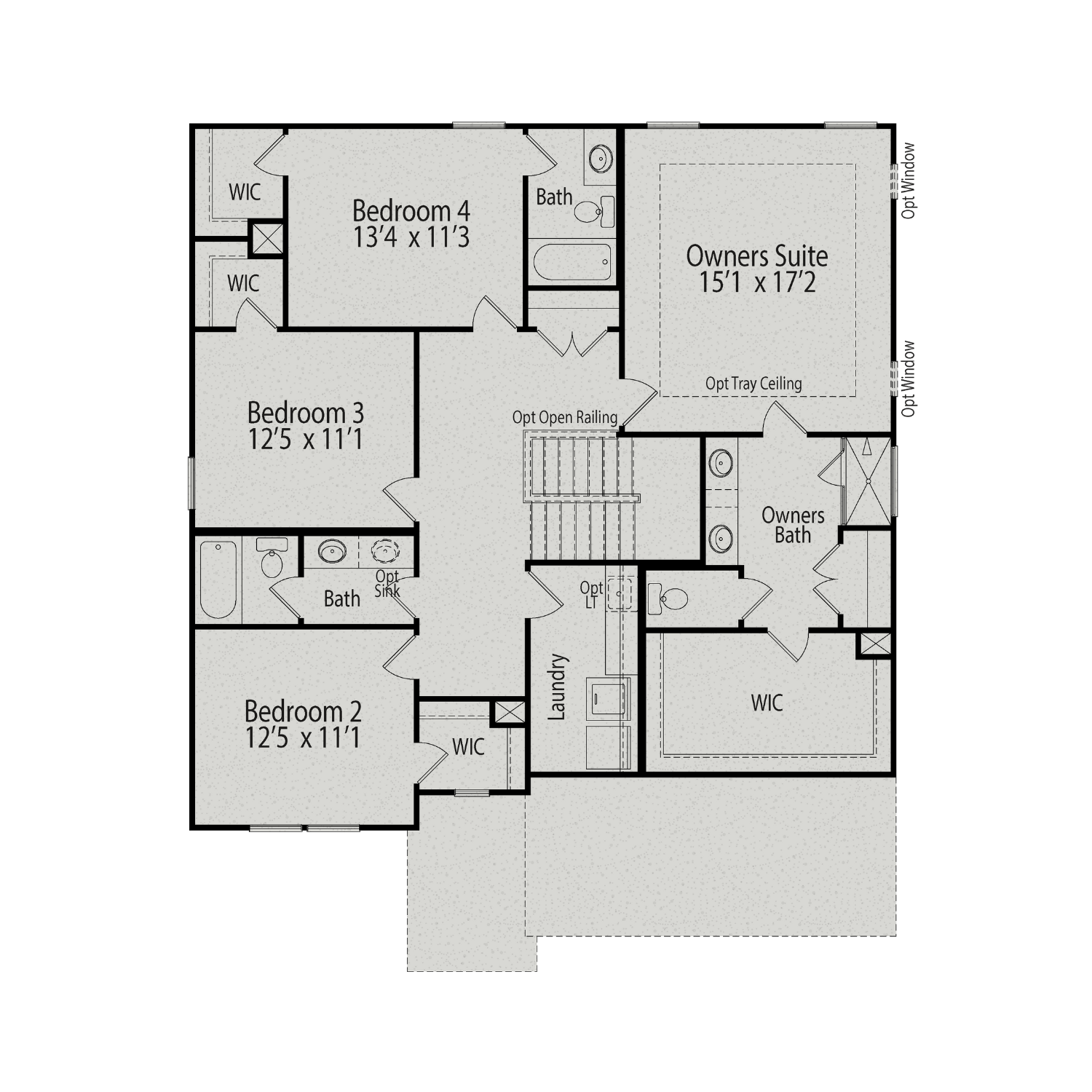 Second floor layout of The Hickory II A featuring owner's suite, bedrooms 2-4, baths, laundry, and open stairs in Lillington NC home