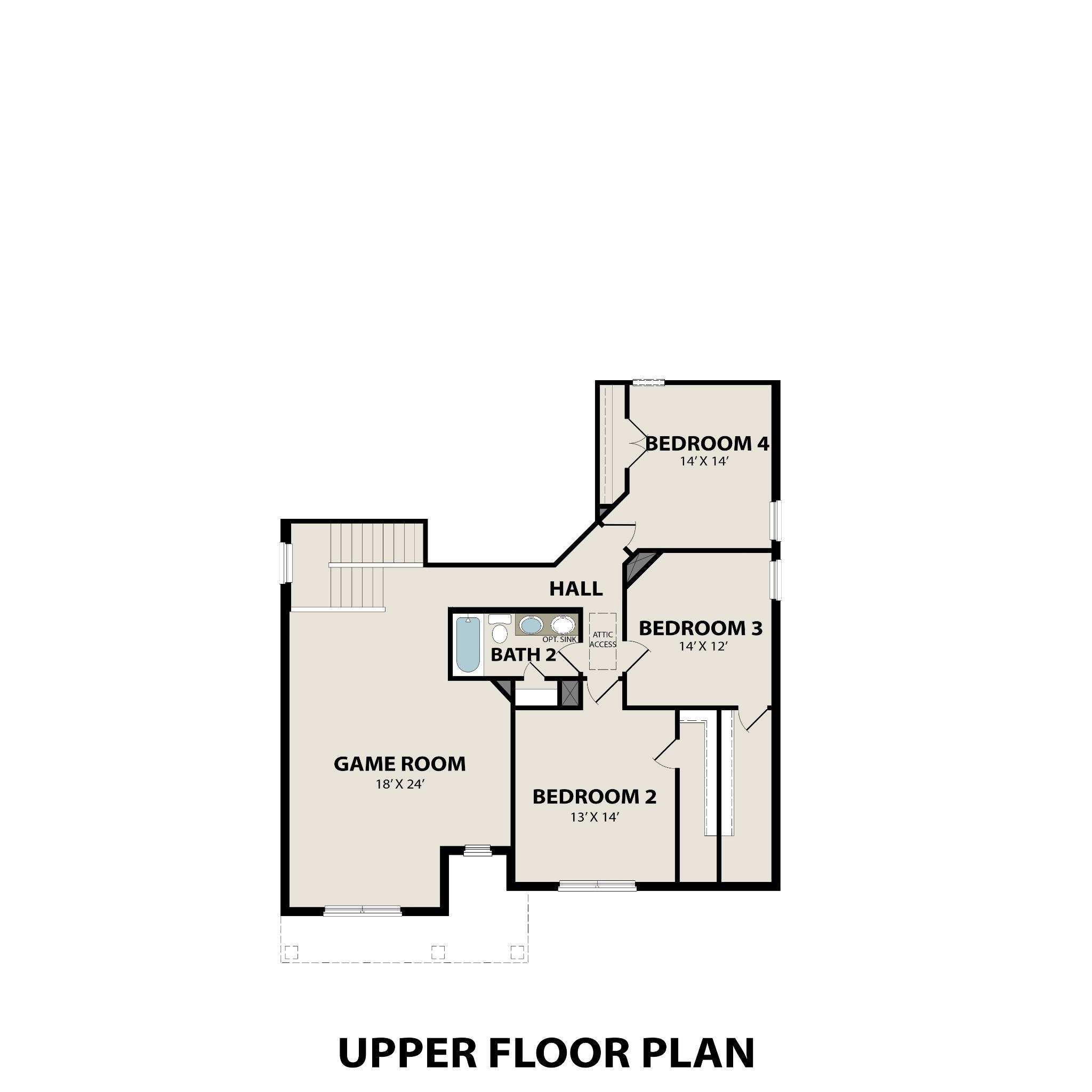 Upper floor plan showing game room, three bedrooms, and full bath in Davidson Homes The Ridgeport D, Mt. Juliet, TN.