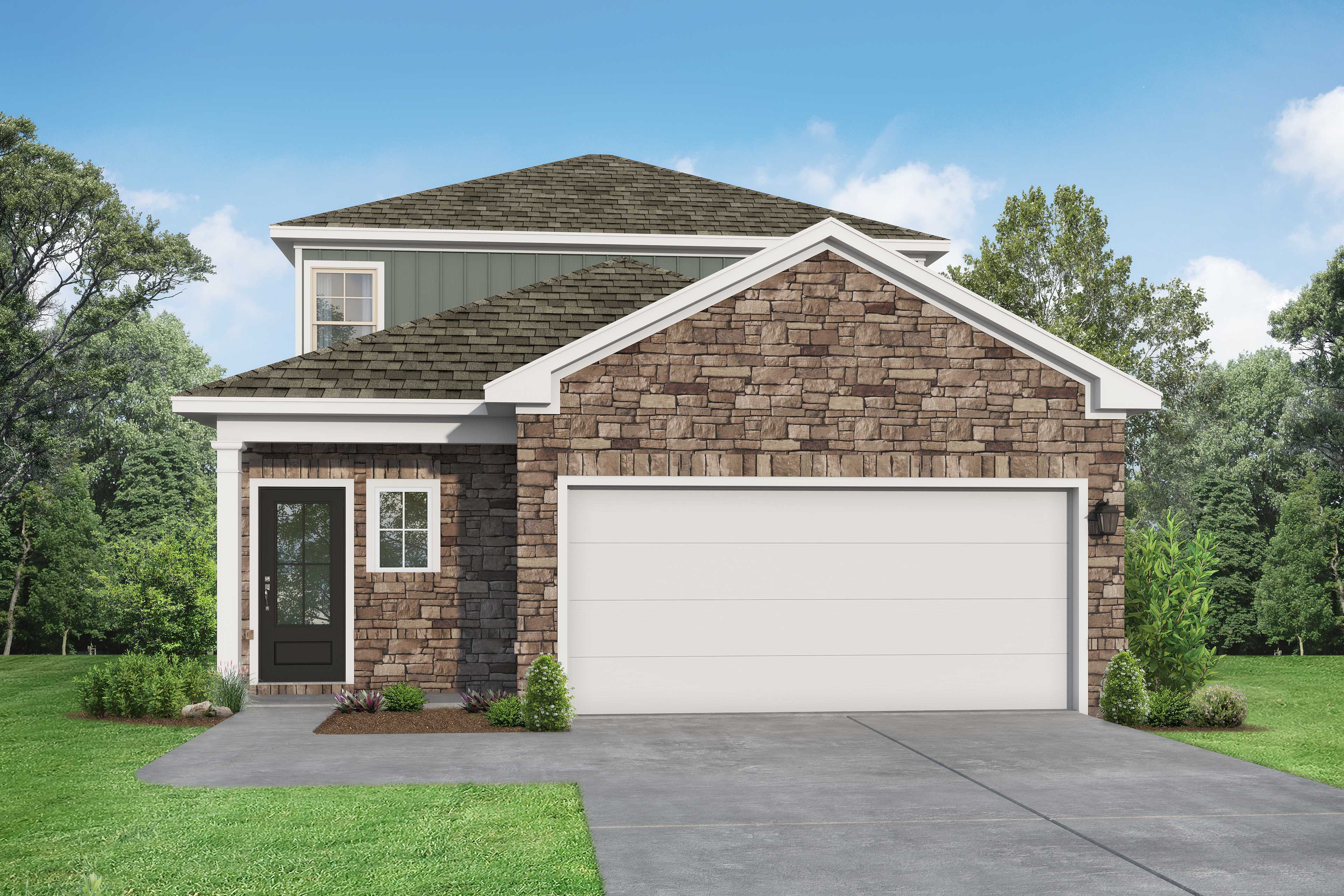 Two-story stone facade exterior of The Sabine E home design featuring 2-car garage and lush landscaping in Beasley Texas
