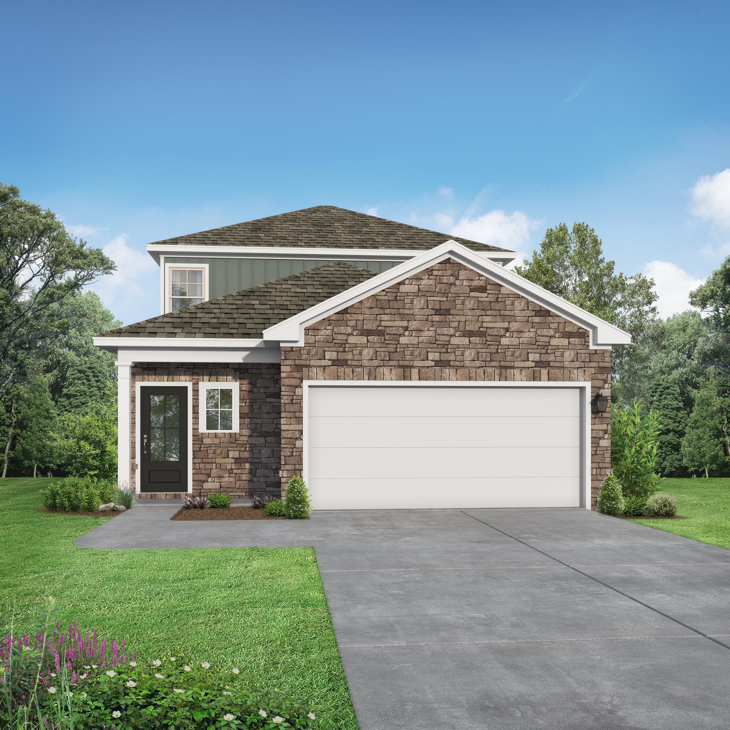 Two-story Sabine E floor plan by Davidson Homes with stone facade and two-car garage in Windmill Estates, Magnolia, Texas.