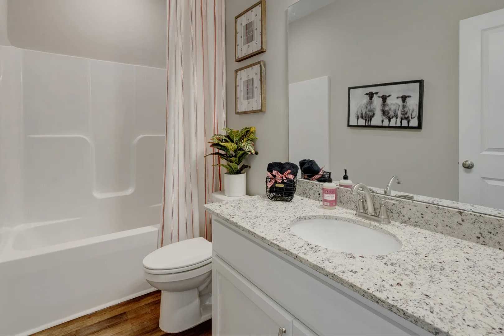 Modern master bathroom in The Aurora B featuring white tub, shower with orange curtain, quartz vanity, and framed art
