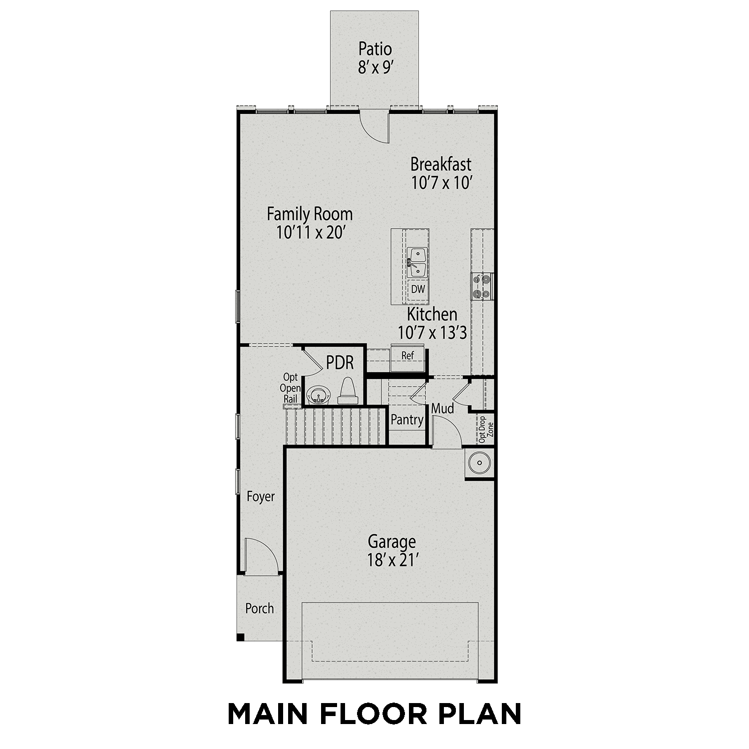 Main floor plan of The Wake by Davidson Homes: open kitchen, breakfast nook, family room, 2-car garage, Lillington NC