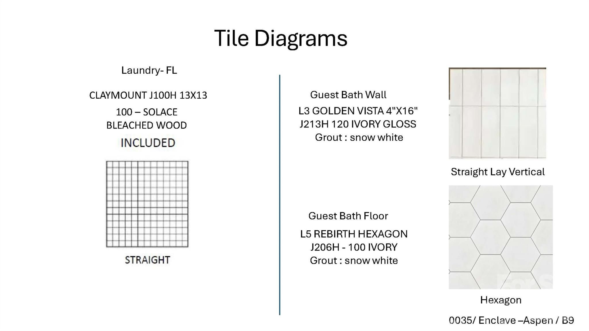 Tile diagrams for Davidson Homes Aspen B floor plan: laundry, guest bath ivory gloss and hexagon tile in Enclave at Belmont, NC