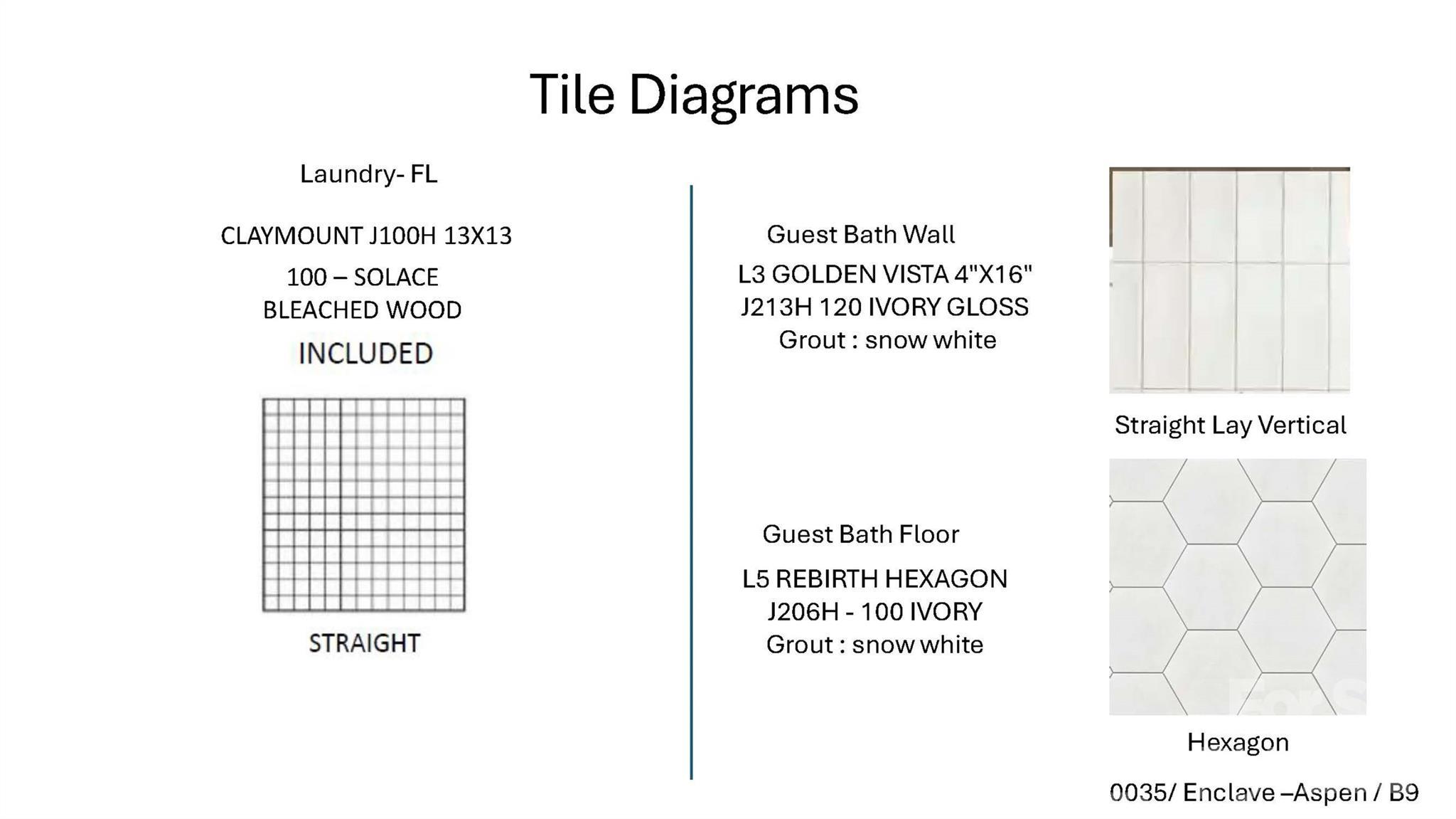 Tile diagrams for Davidson Homes Aspen B floor plan: laundry, guest bath ivory gloss and hexagon tile in Enclave at Belmont, NC