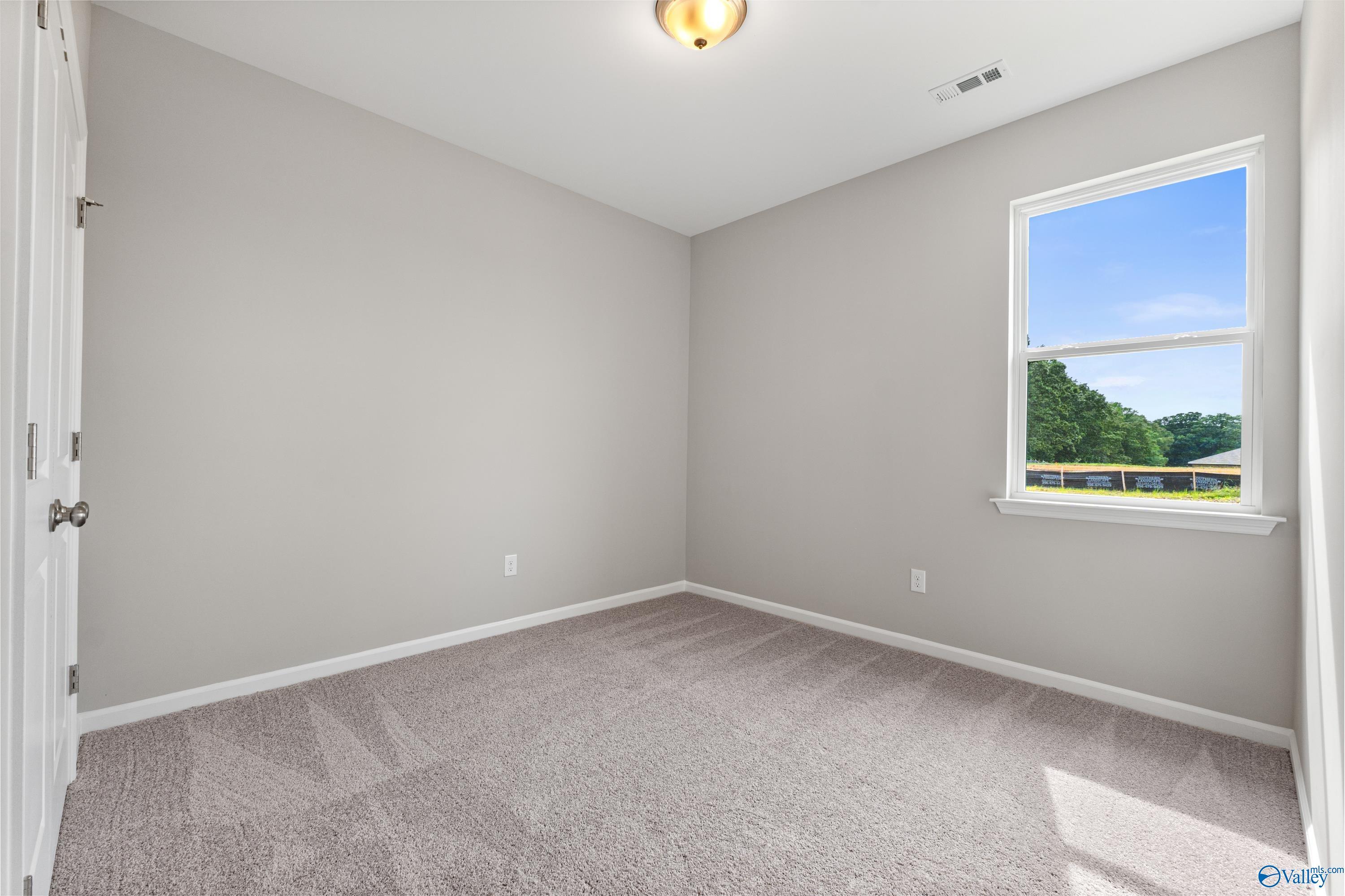 Bright secondary bedroom with gray walls, beige carpet, and sunny window view in Davidson Homes The Aurora, Fayetteville, TN