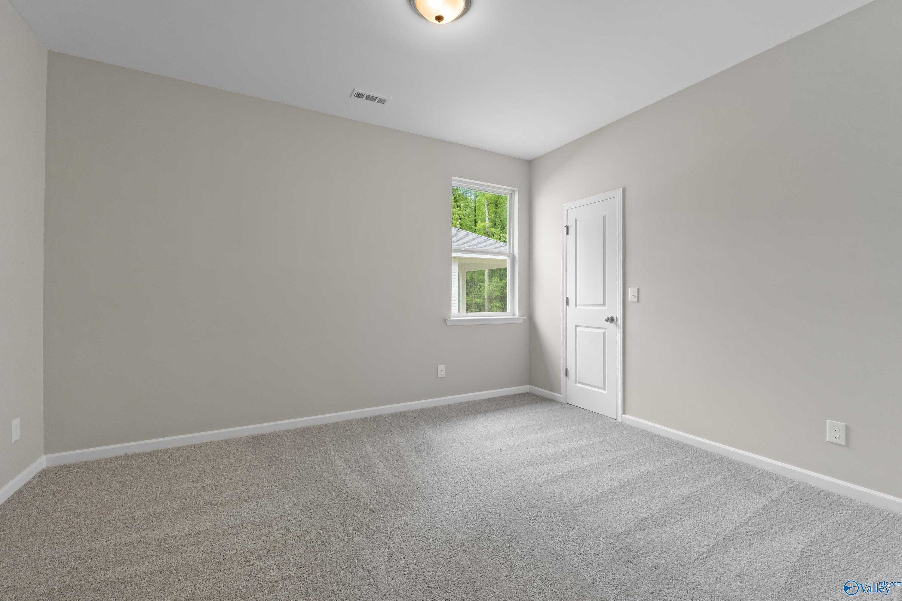 Bright secondary bedroom with neutral gray walls, carpet floor, and window to green trees in Davidson Homes The Luna, Hazel Green, AL