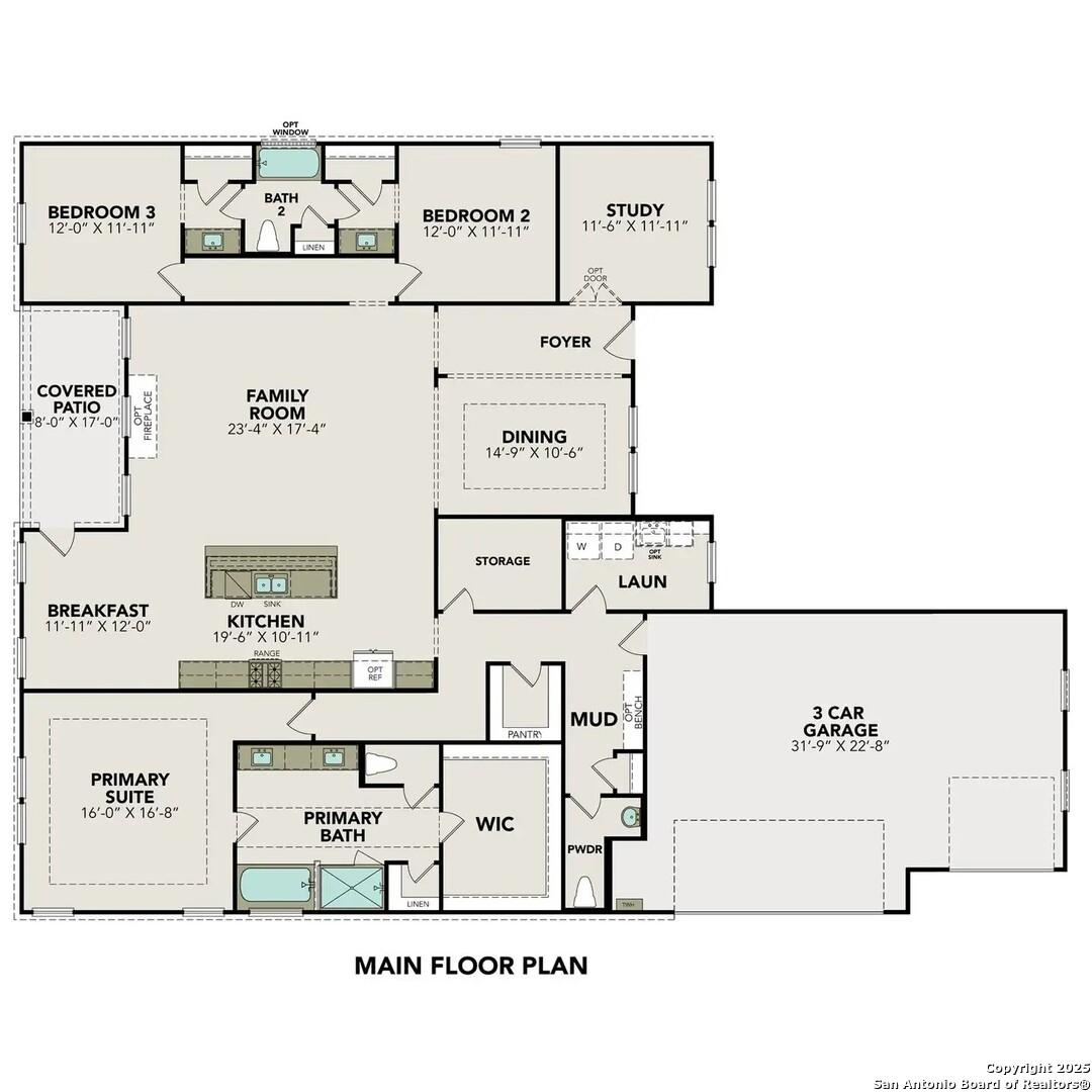The Foster G floor plan: 5-bedroom, 3.5-bath, 3,716 sq ft single-story home with open kitchen, family room, and 3-car garage in Potranco Oaks, Castroville, Texas