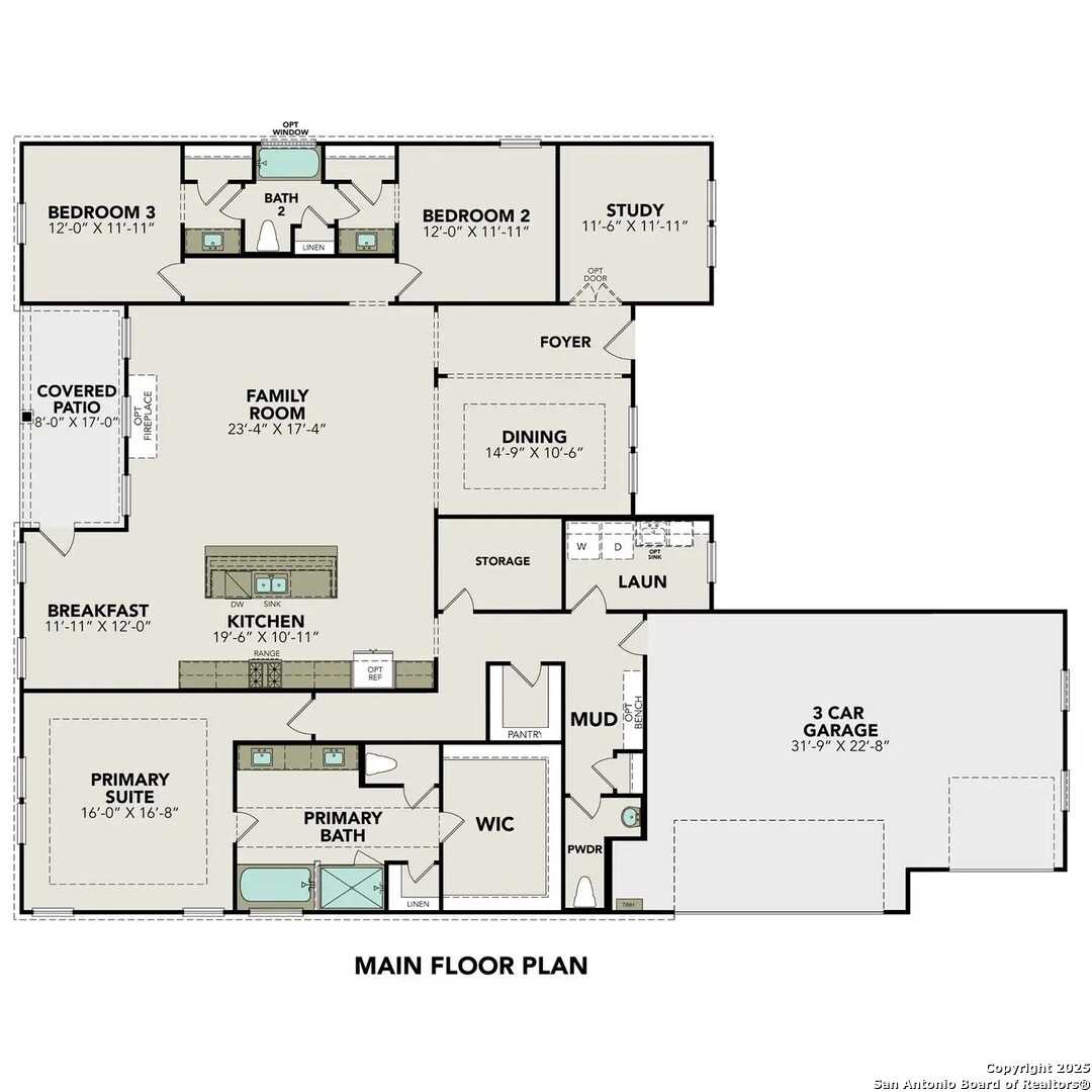 The Foster G floor plan: 5-bedroom, 3.5-bath, 3,716 sq ft single-story home with open kitchen, family room, and 3-car garage in Potranco Oaks, Castroville, Texas