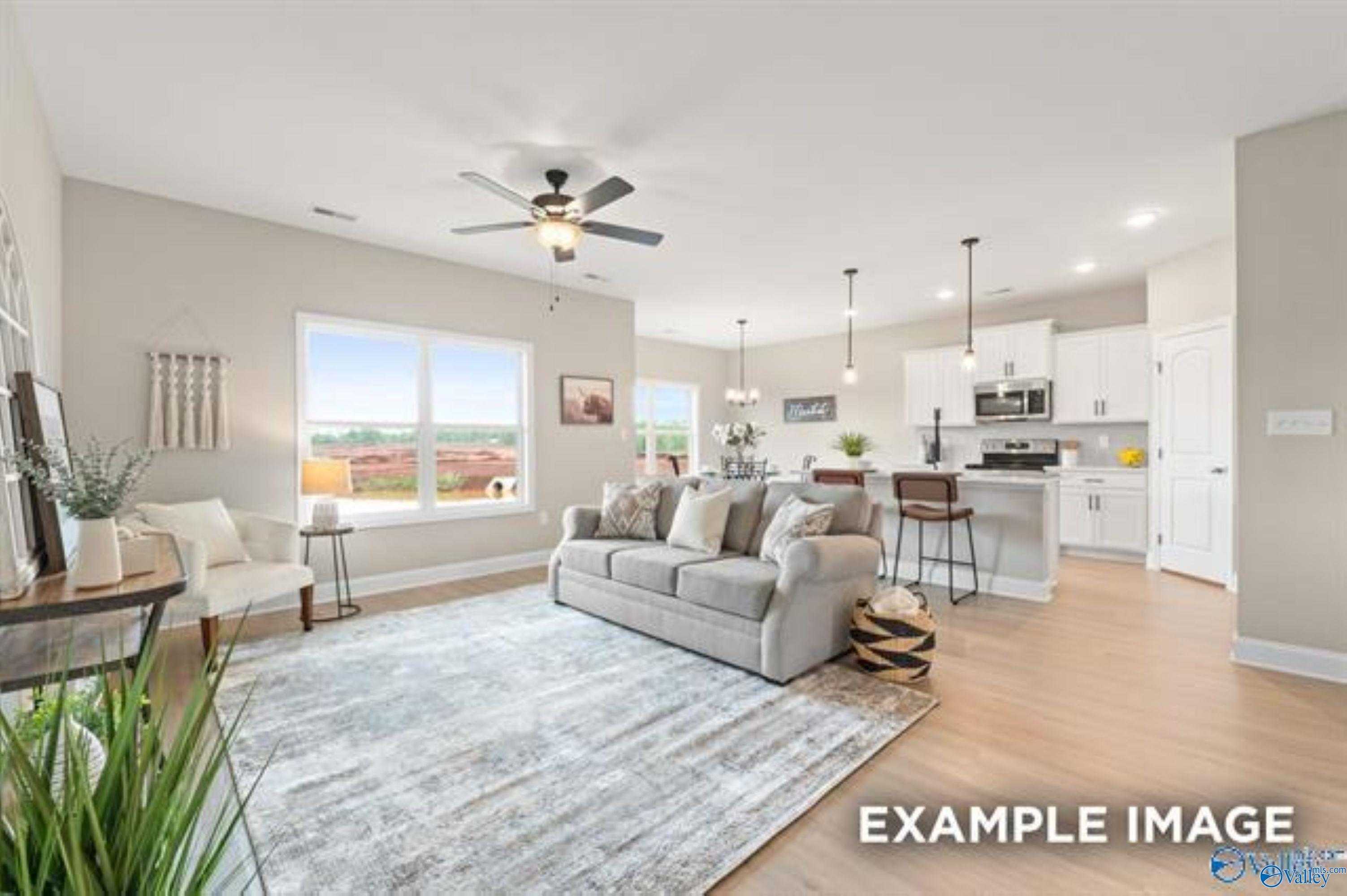 Bright open-concept living room with gray sofa, ceiling fan, and kitchen island overlooking countryside in Davidson Homes The Asheville, Alabama