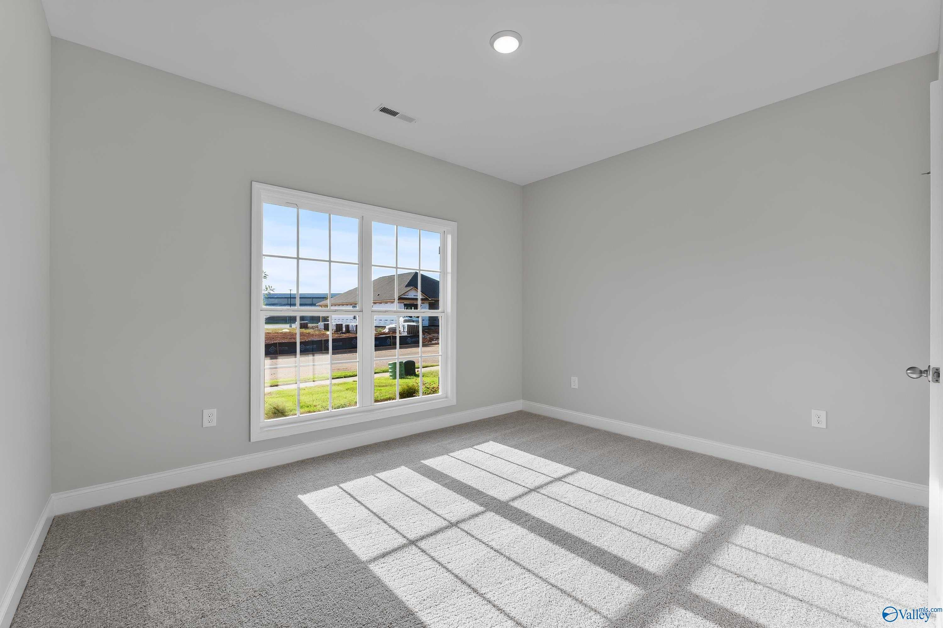 Bright secondary bedroom with gray walls, large window overlooking green lawn, and carpeted floor in Davidson Homes The Daphne C, Huntsville