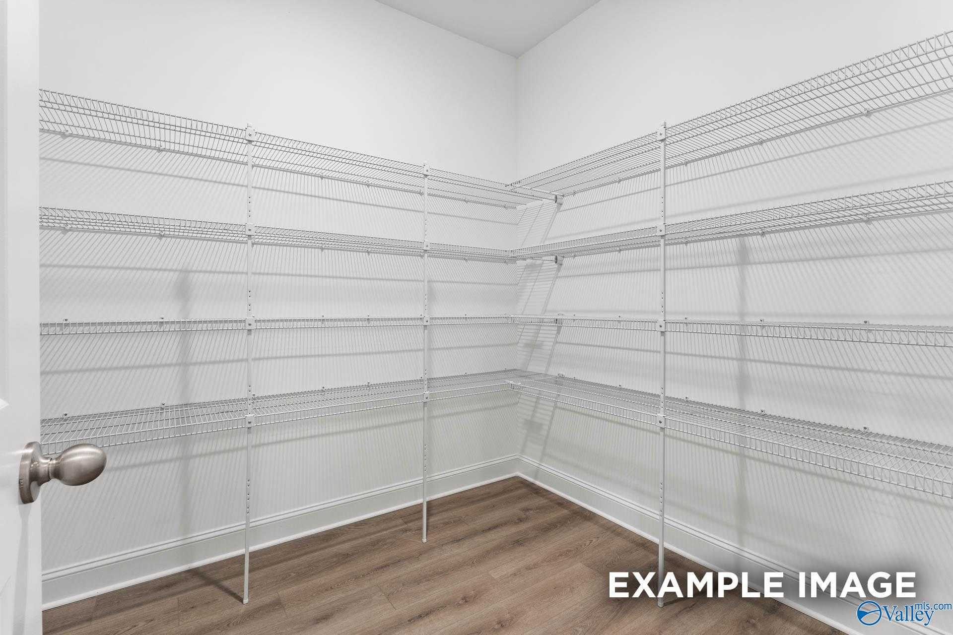 Spacious walk-in closet with white wire shelving in corner of The Finleigh home by Davidson Homes, Meridianville, Alabama