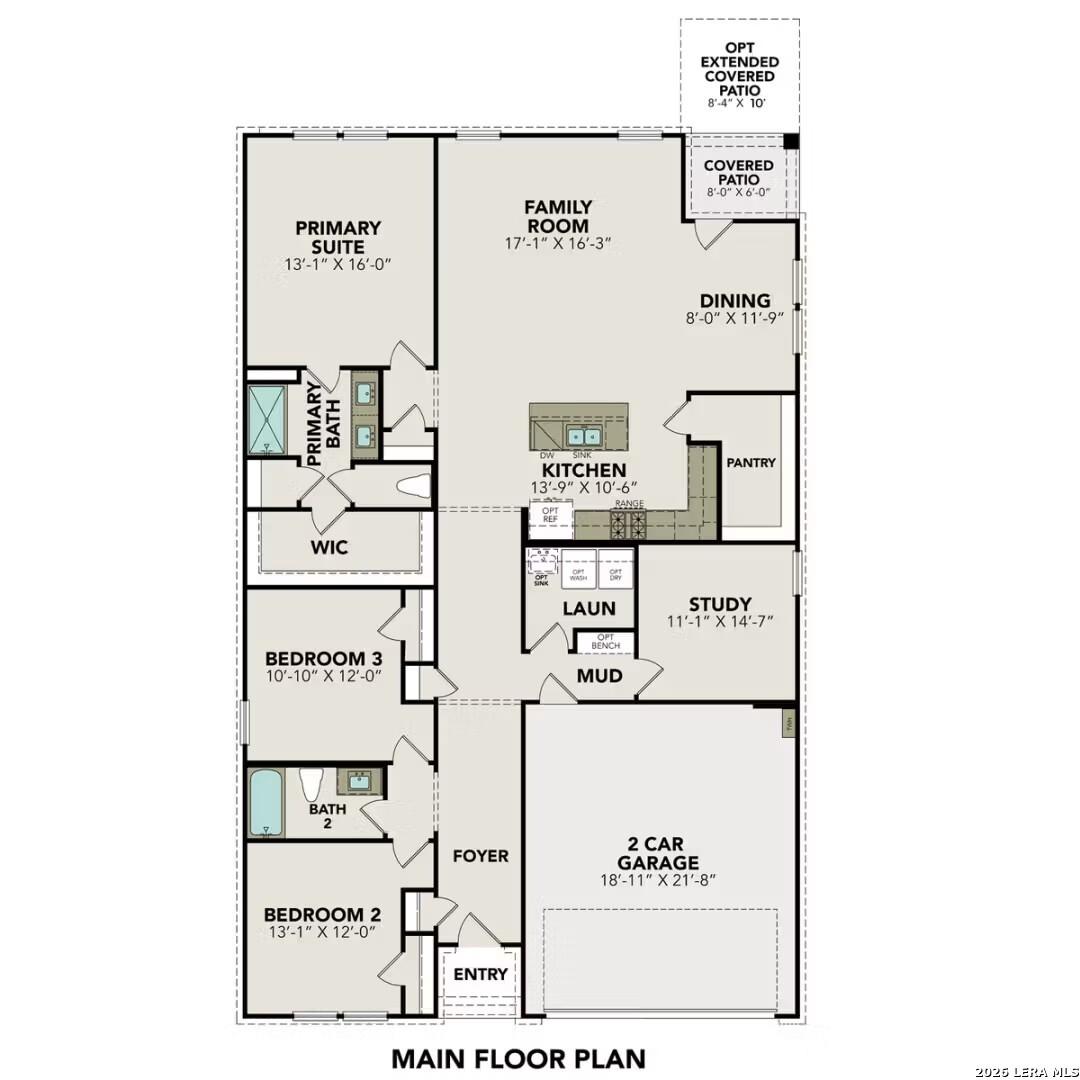 Main floor plan of The Daphne H 3-bedroom, 2-bath home with primary suite, open kitchen, family room, and 2-car garage in Seguin, Texas