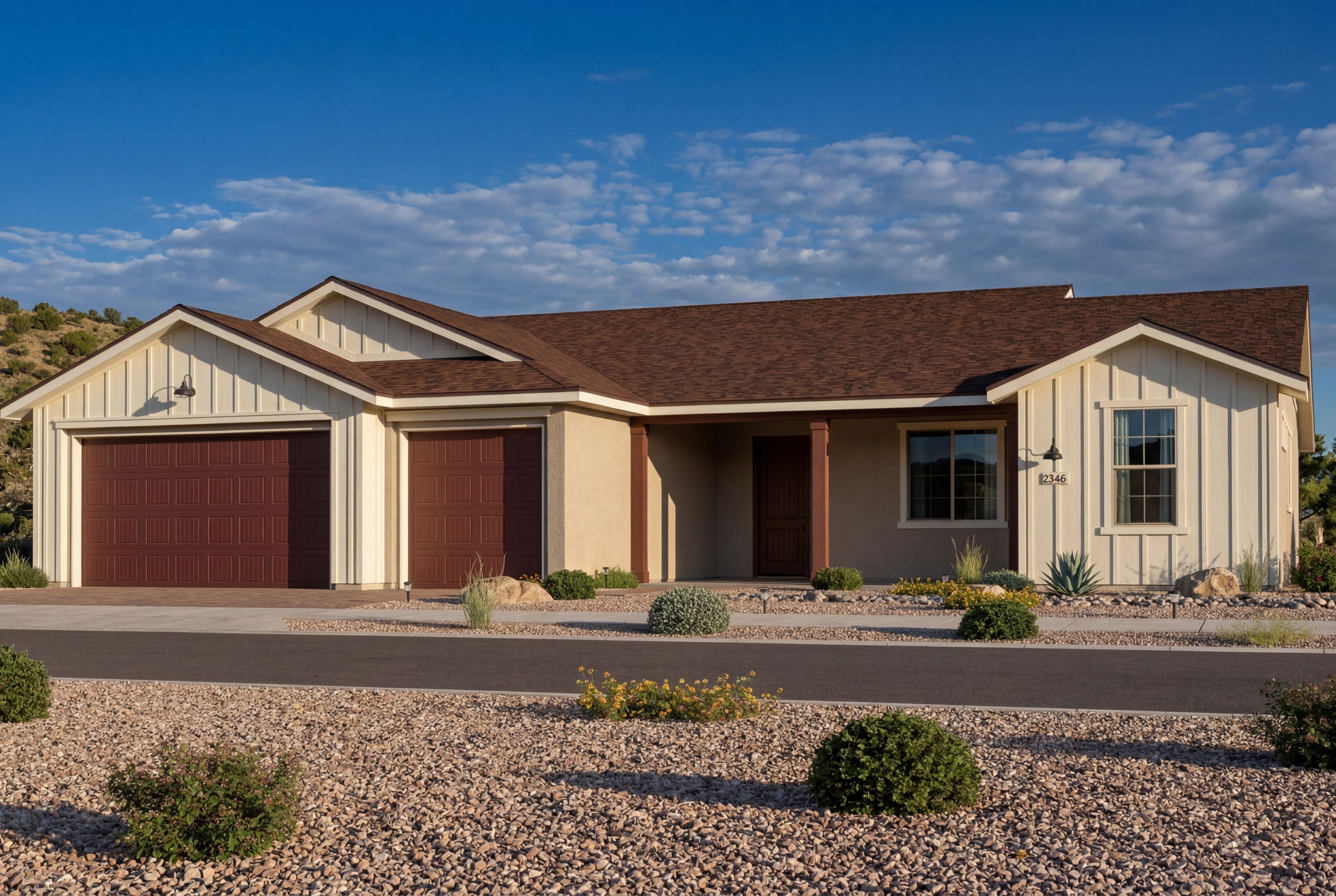 The Monarch by Evermore Homes in Prescott Valley featuring a 1-story design, 3-car garage, and desert-inspired exterior.