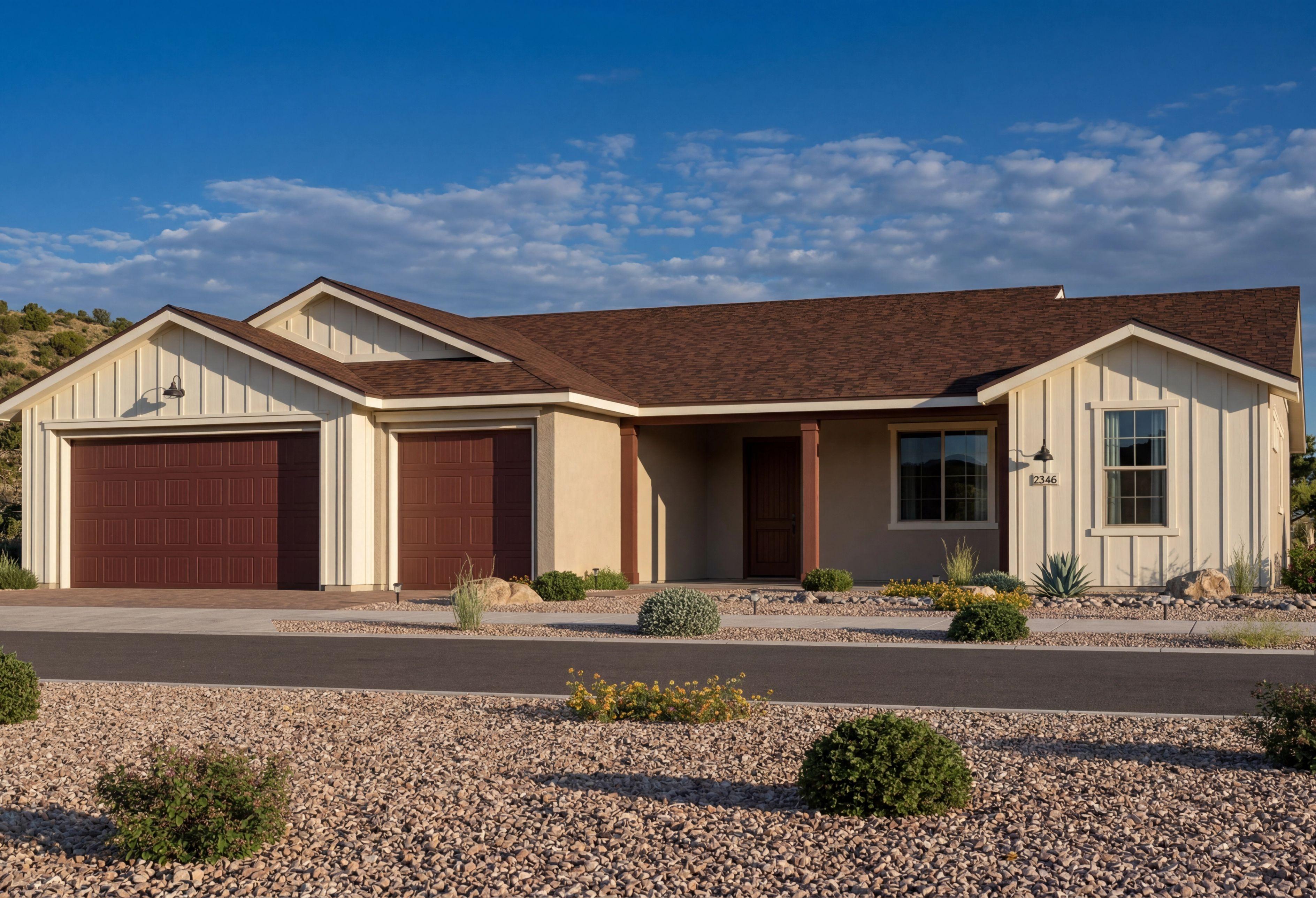 The Monarch by Evermore Homes in Prescott Valley featuring a 1-story design, 3-car garage, and desert-inspired exterior.