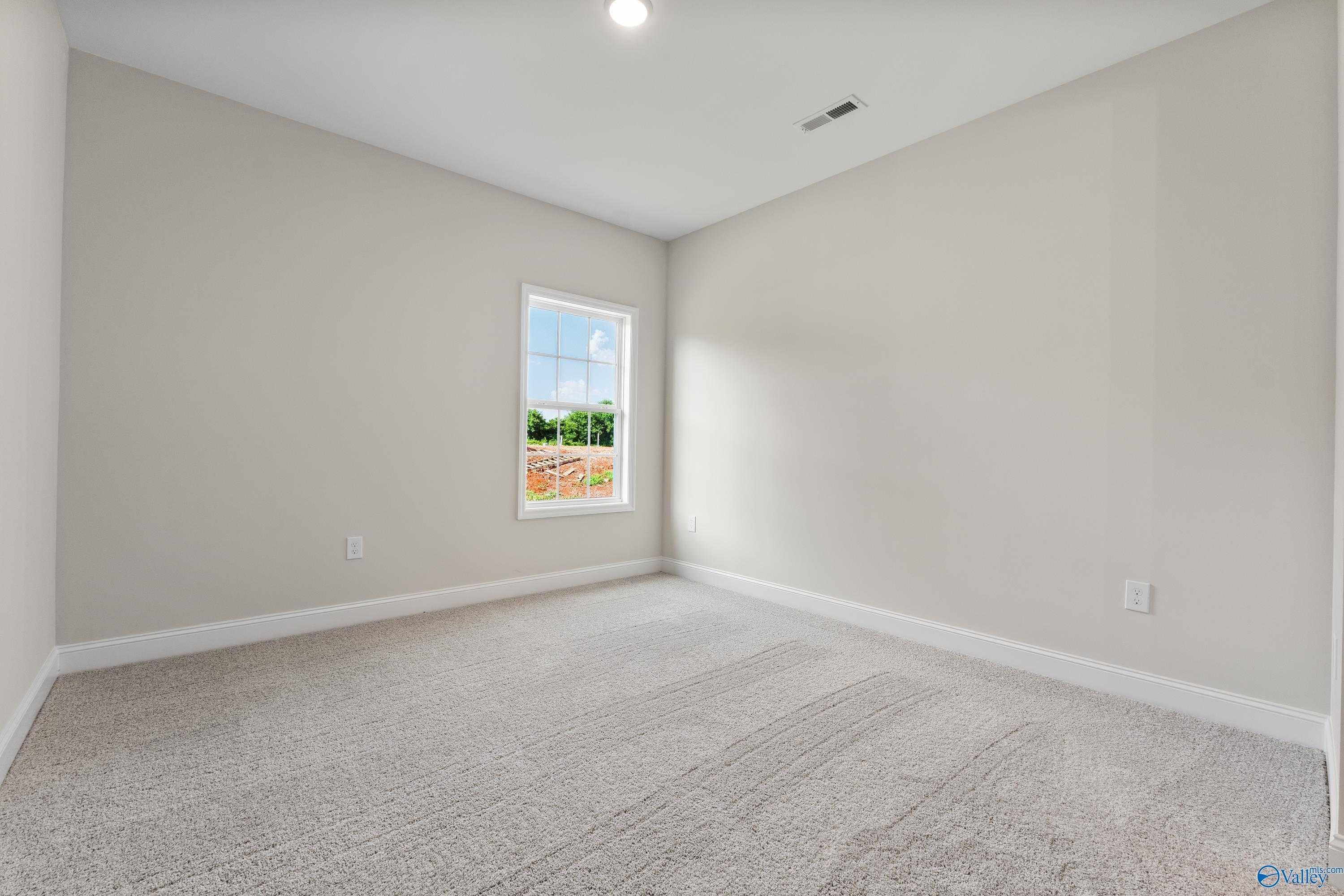 Bright secondary bedroom featuring light gray walls, beige carpet, and window view in The Finleigh by Davidson Homes, Toney, Alabama