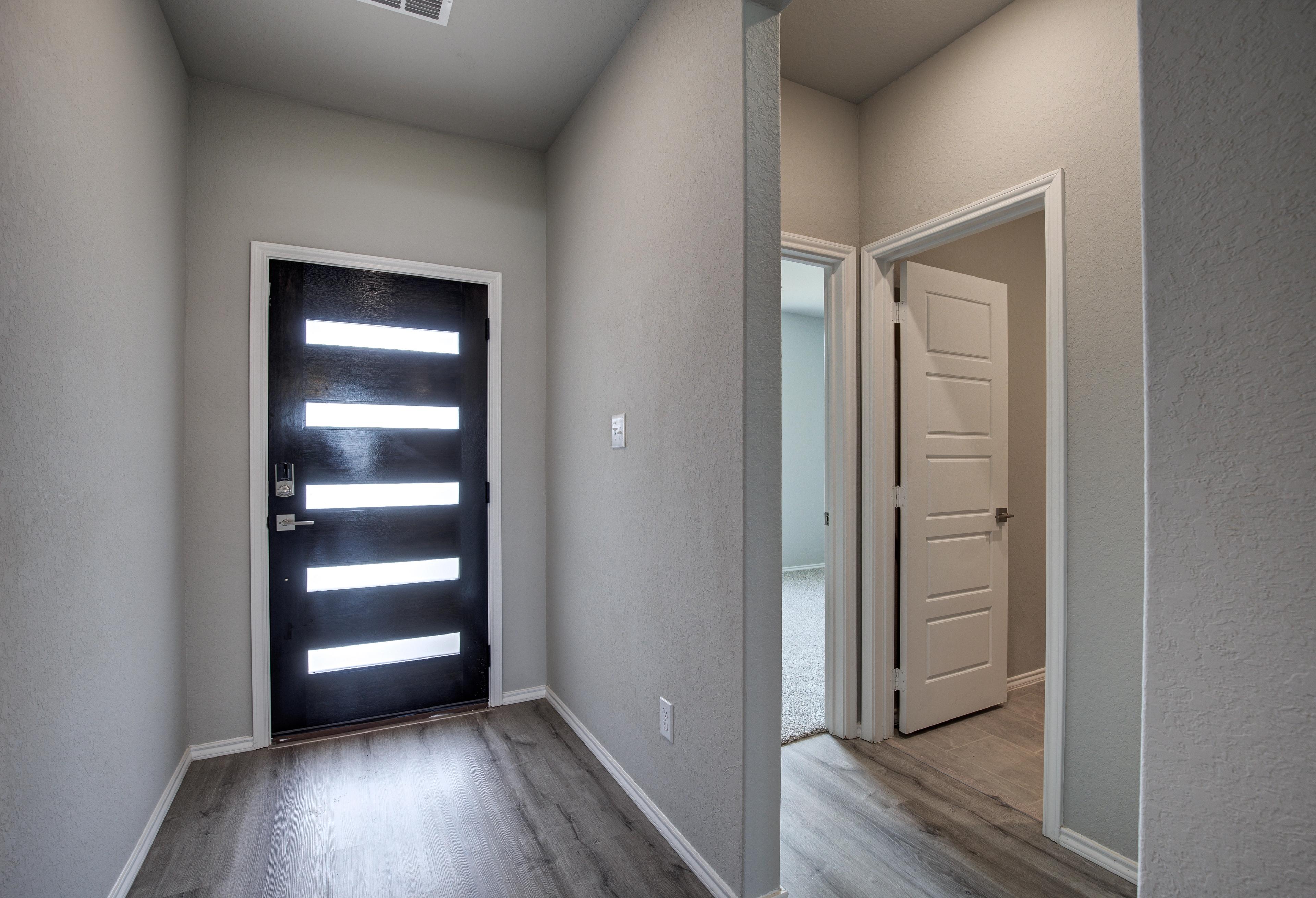 Modern entryway of The Asheville home design with black frosted panel door, light gray walls, and wood flooring