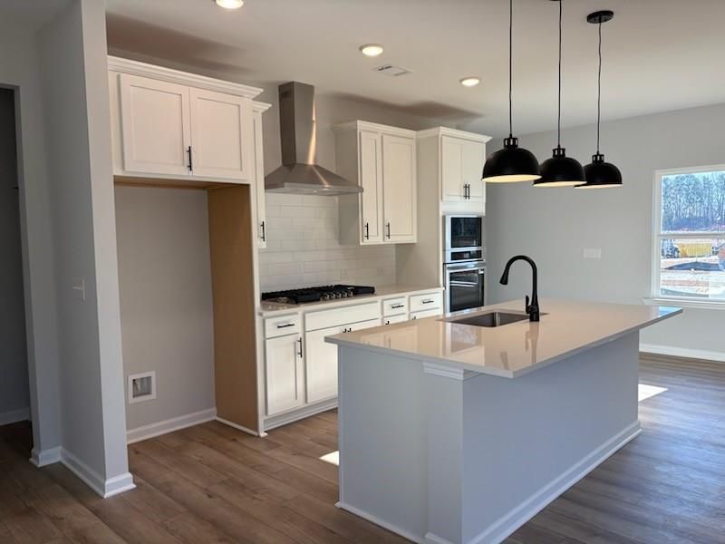Modern white kitchen with island sink, stainless appliances, and pendant lights in The Rabun C by Davidson Homes, Winder, GA