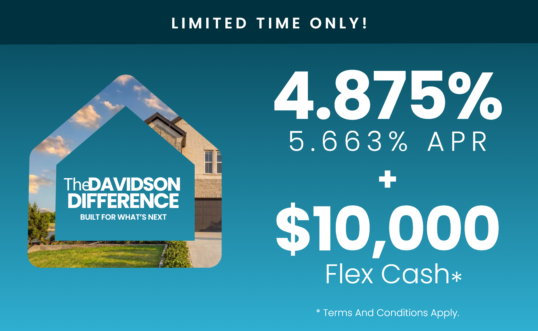 Red and white promotional graphic for San Antonio homebuilder rate lock, 4.875% interest rate, and $10K flex cash offer.
