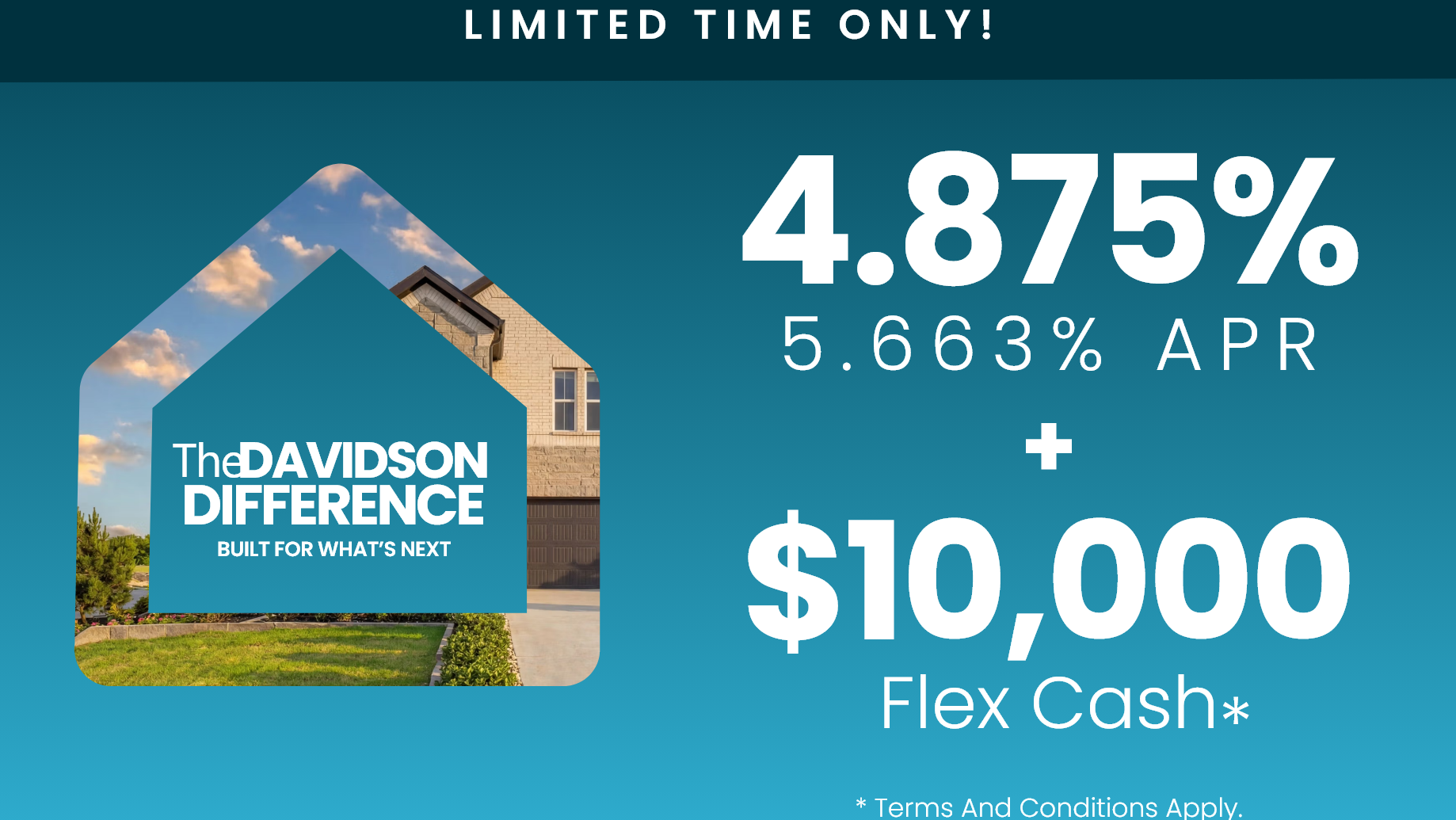 Red and white promotional graphic for San Antonio homebuilder rate lock, 4.875% interest rate, and $10K flex cash offer.