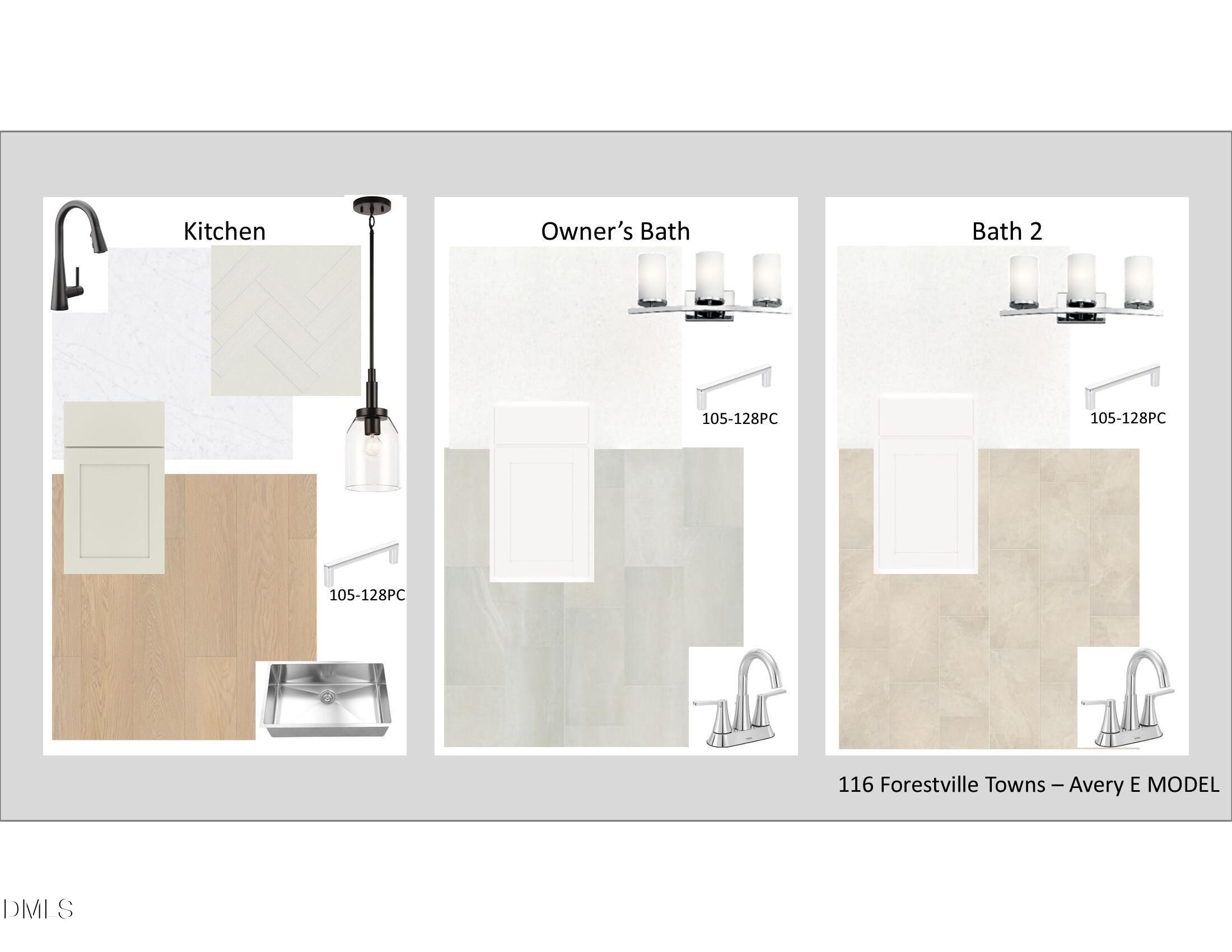 Modern kitchen, owner's bath, and bath 2 fixtures with faucets, pendant lights, hardware in Avery model, Forestville Townhomes, Knightdale, NC