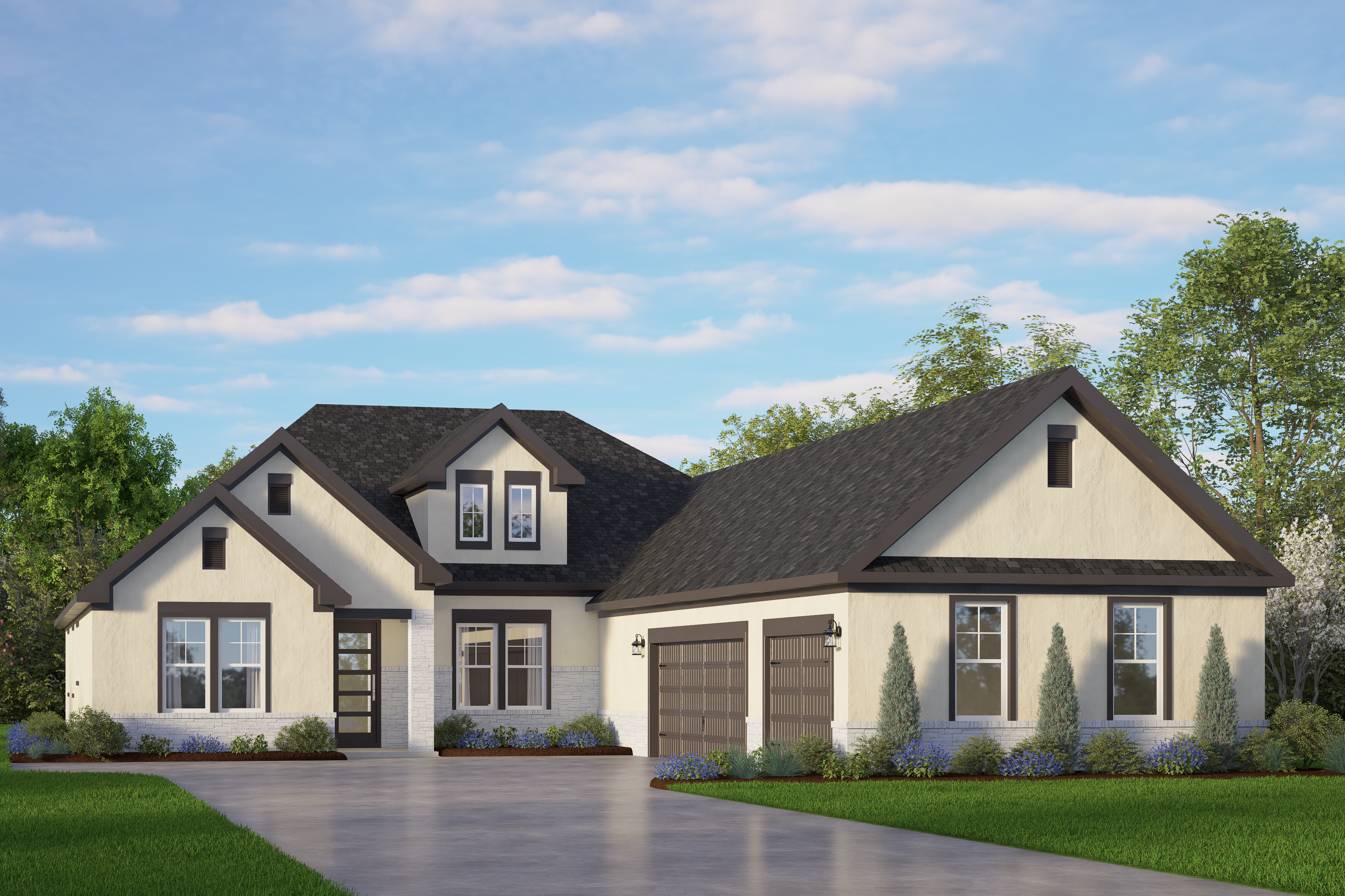 Modern craftsman elevation of The Oxford G 1-story home featuring beige siding, dark trim, 3-car garage, and lush landscaping in Castroville, TX