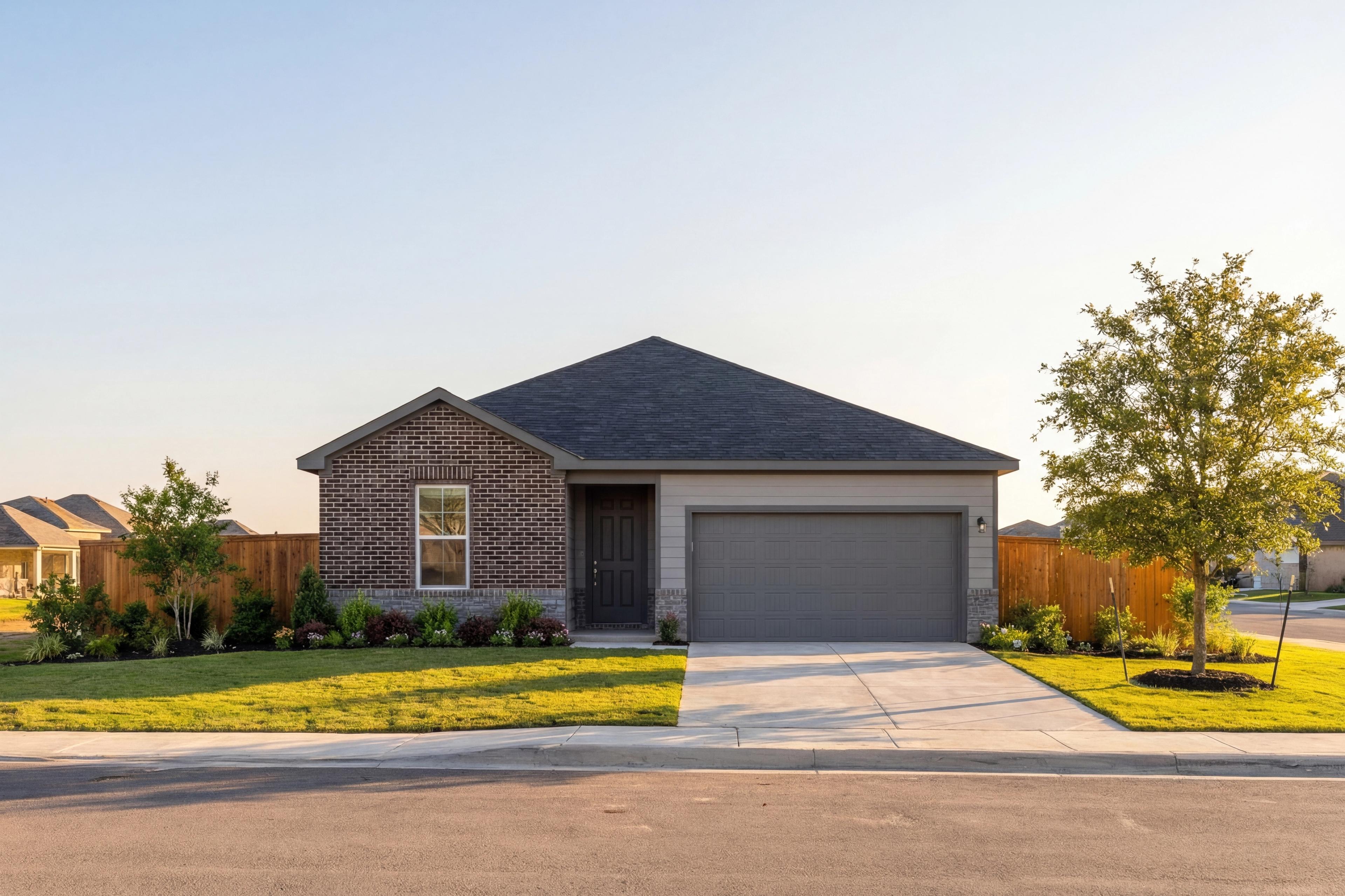Single-story brick elevation of The Asheville by Davidson Homes, featuring 2-car garage, driveway, and landscaped yard in Seguin, Texas