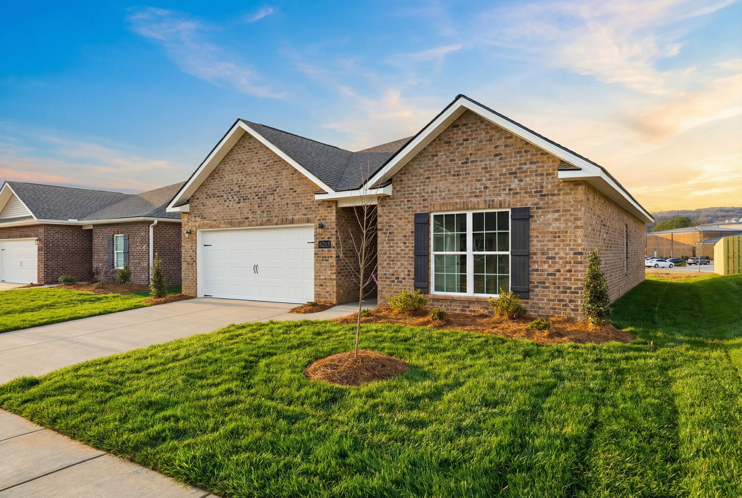 Brick ranch-style home at Mooresville Station in Tanner Alabama with attached garage, shutters, and lush green lawn under sunset sky