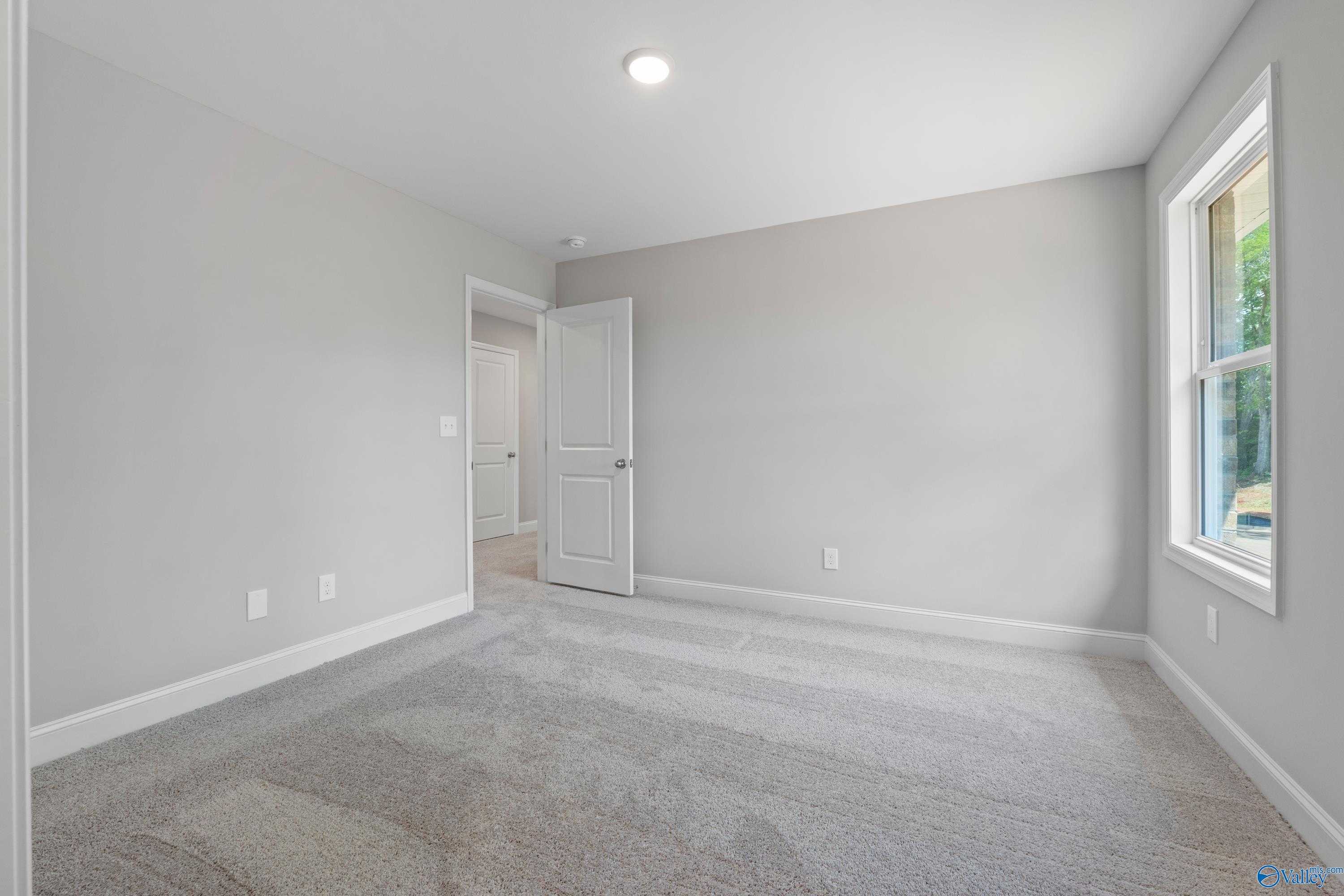 Spacious empty bedroom with light gray walls, beige carpet, large window, and adjacent door in Davidson Homes The Chelsea B, New Market, Alabama