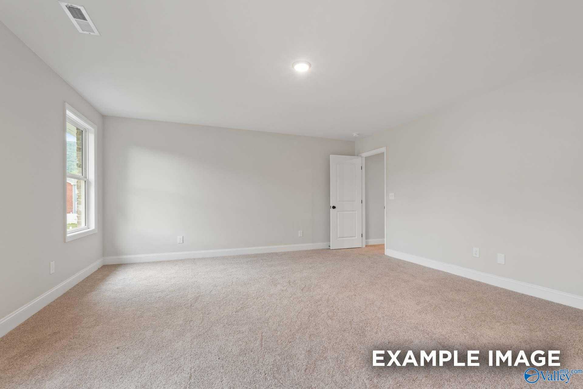 Empty bedroom with neutral gray walls, beige carpet, window blinds, and door in Davidson Homes The Camden D, Huntsville, AL