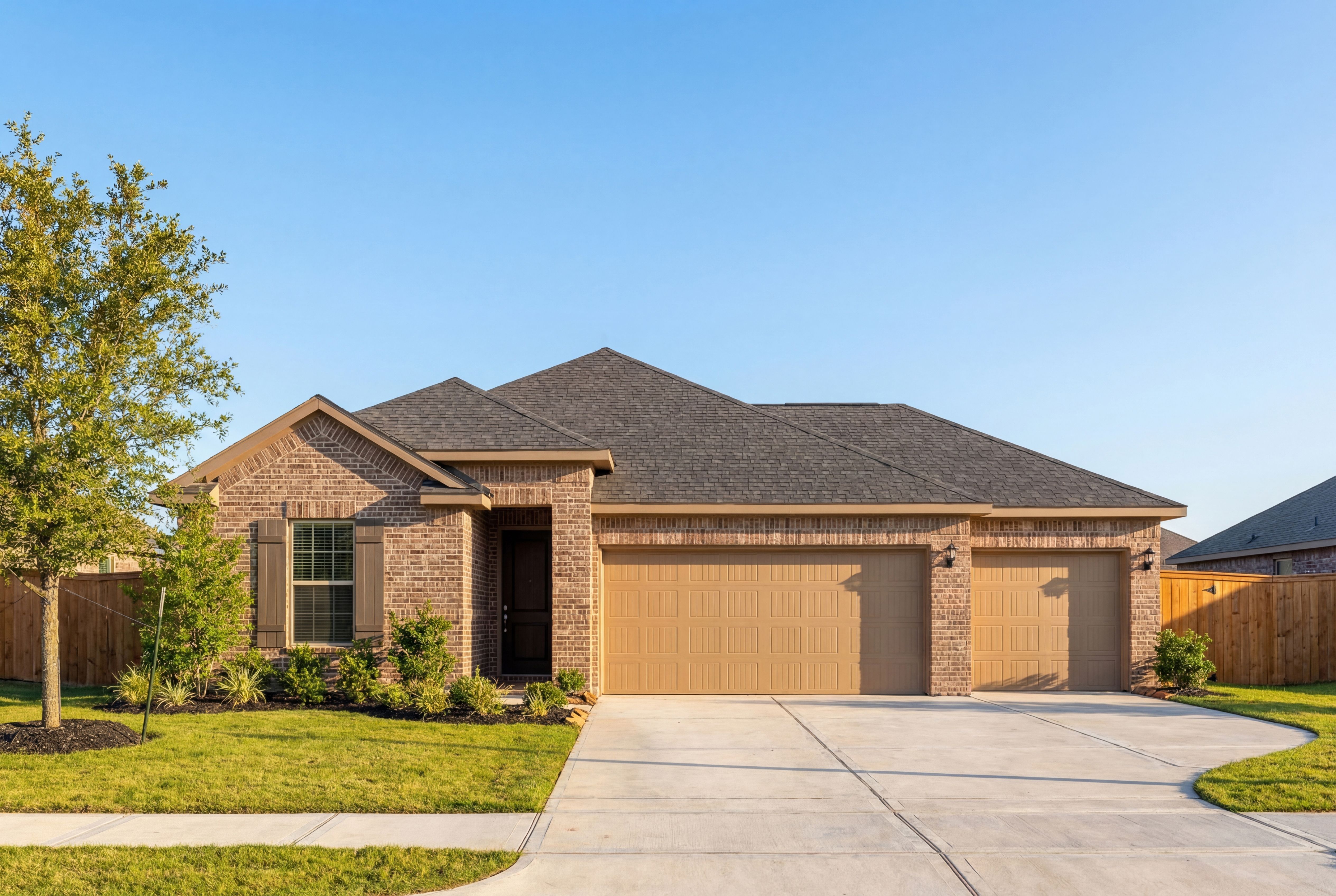 Single-story brick home The Laguna A with 3-car garage, gabled roof, driveway, and landscaped yard in Rosharon, Texas