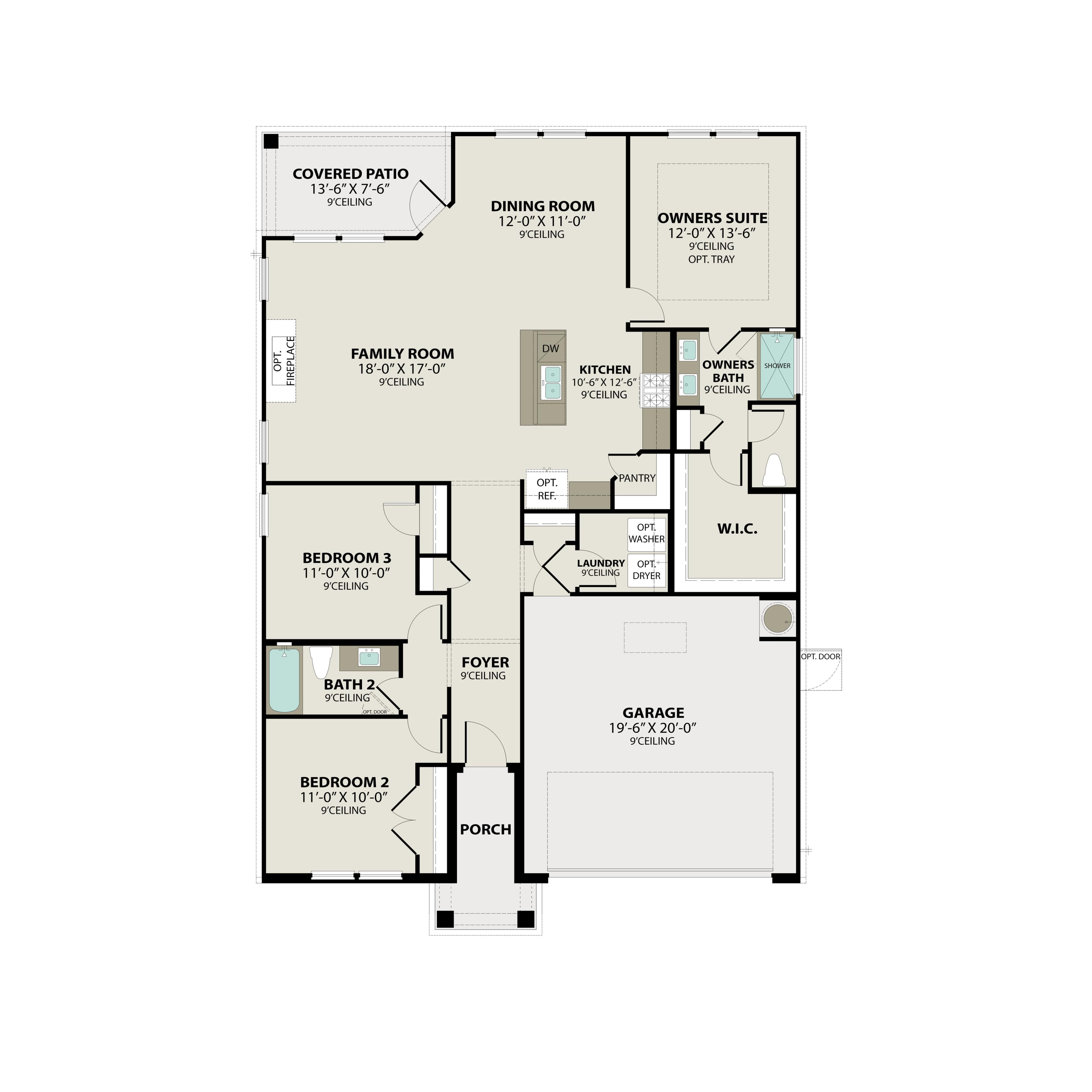 The Franklin D 3-bedroom single-story floor plan by Davidson Homes, open kitchen-family room, owner's suite, 2-car garage