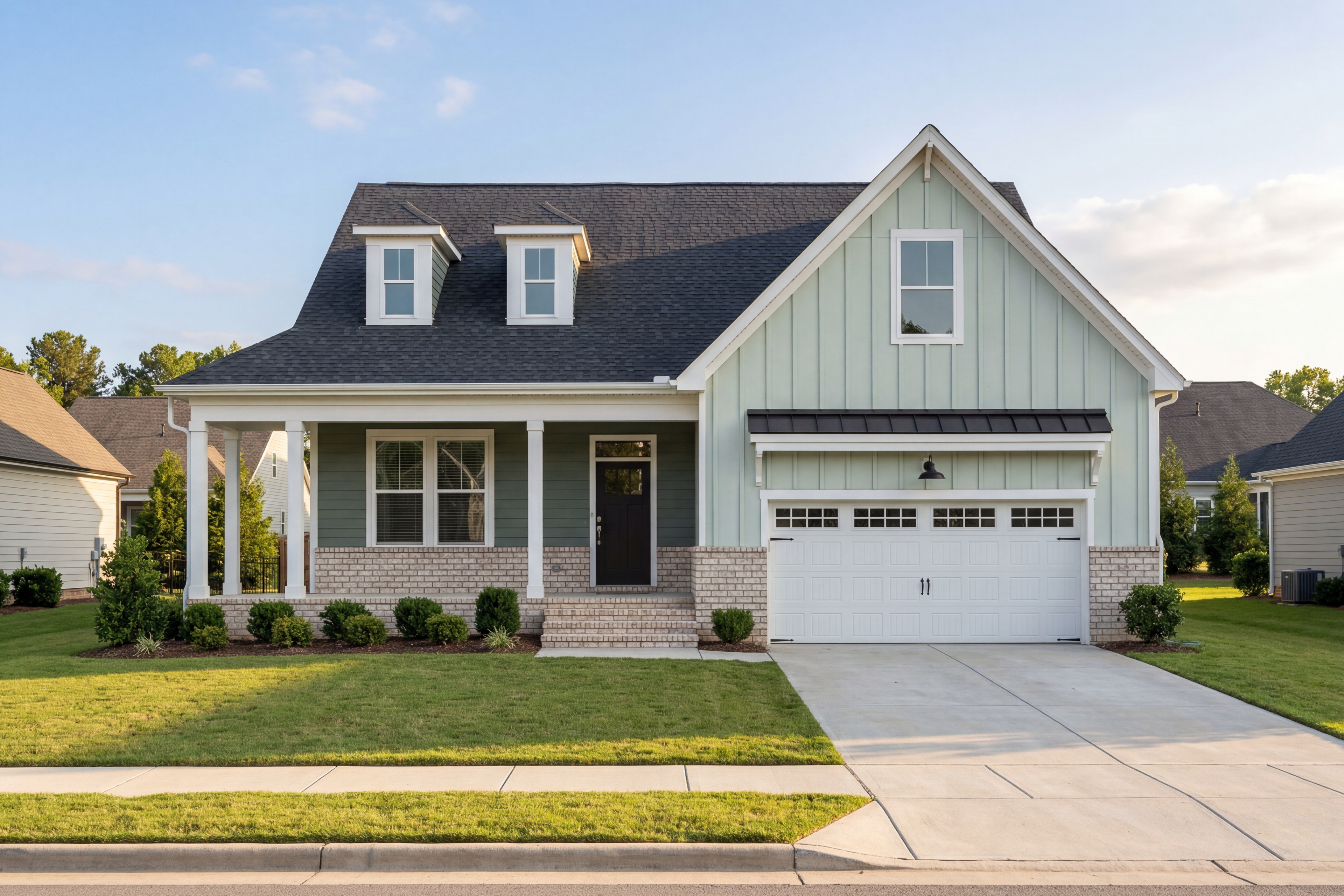 Two-story Cypress C II elevation with sage green vinyl siding, brick base, wraparound porch, dormer windows, and 2-car garage in Angier NC