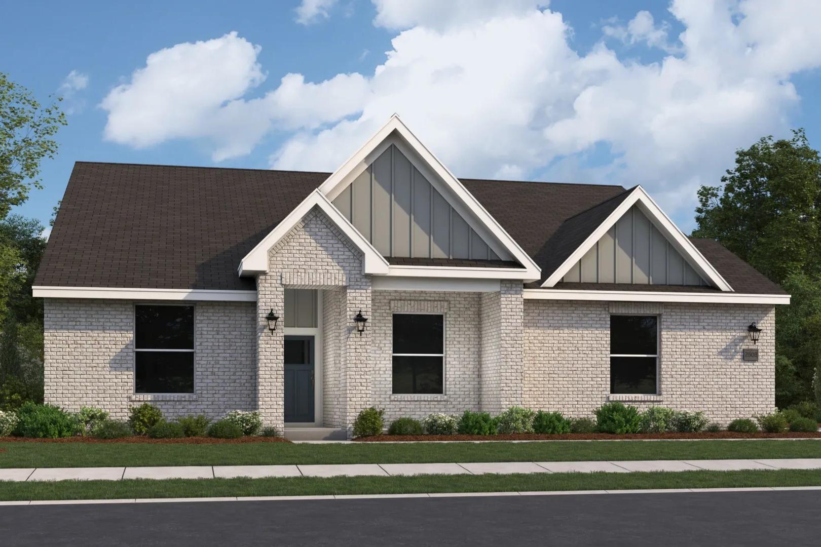 The Arcadia single-story home elevation with brick facade, gabled roof, windows, and landscaped yard in Owens Cross Roads