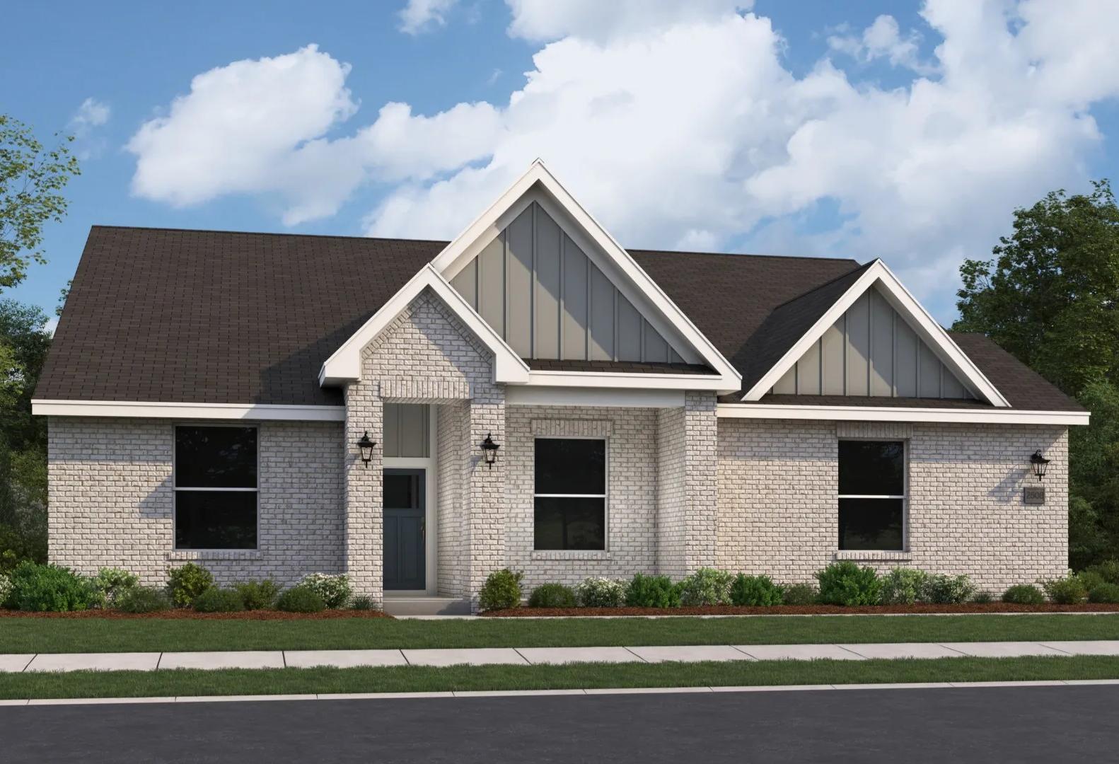 The Arcadia single-story home elevation with brick facade, gabled roof, windows, and landscaped yard in Owens Cross Roads