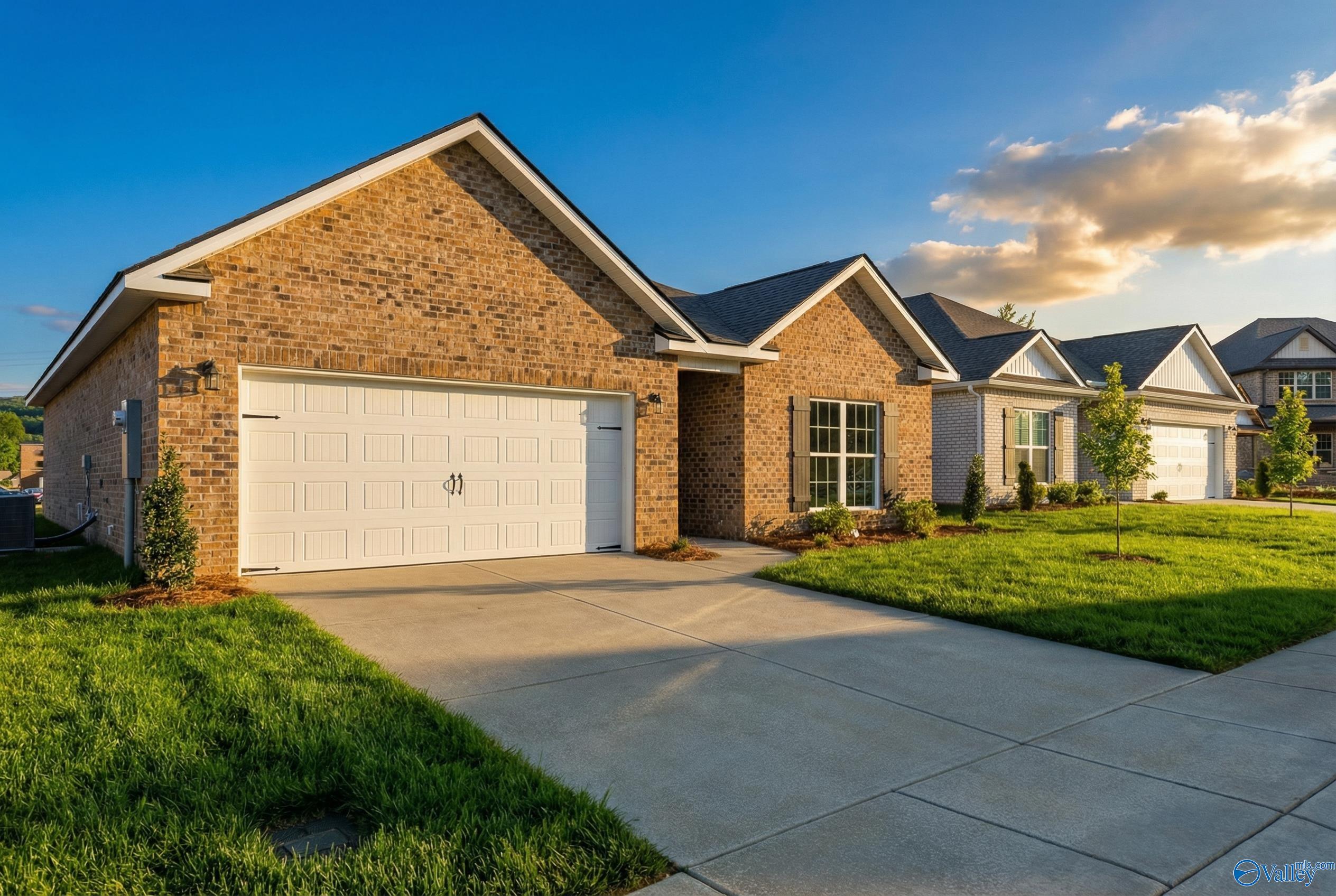 Modern brick single-story home with 2-car garage, driveway, and green lawn in Jaguar Hills, Huntsville, Alabama