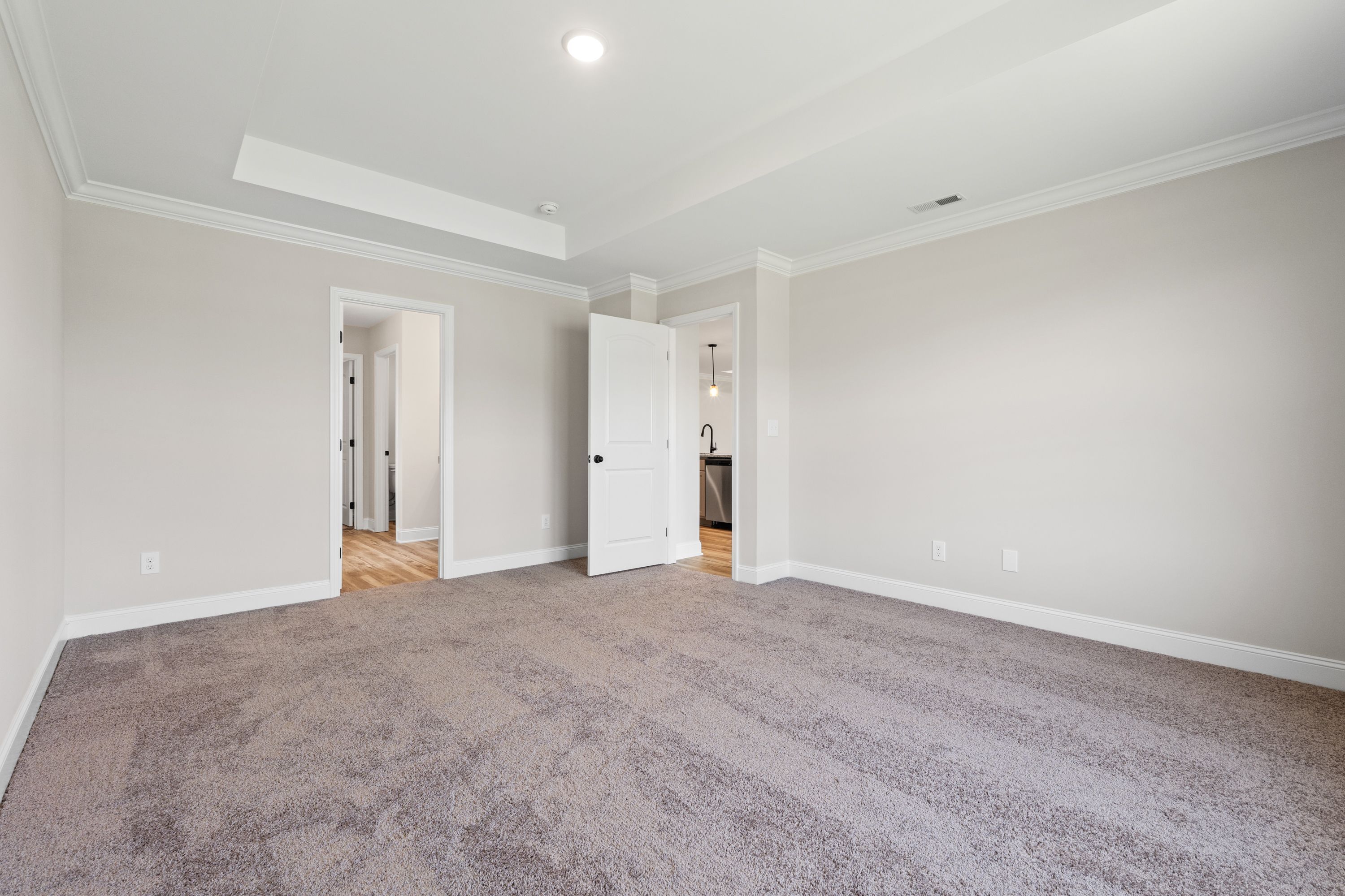 Spacious master bedroom in The Holly C by Davidson Homes featuring neutral paint, tray ceilings, and plush carpeting.