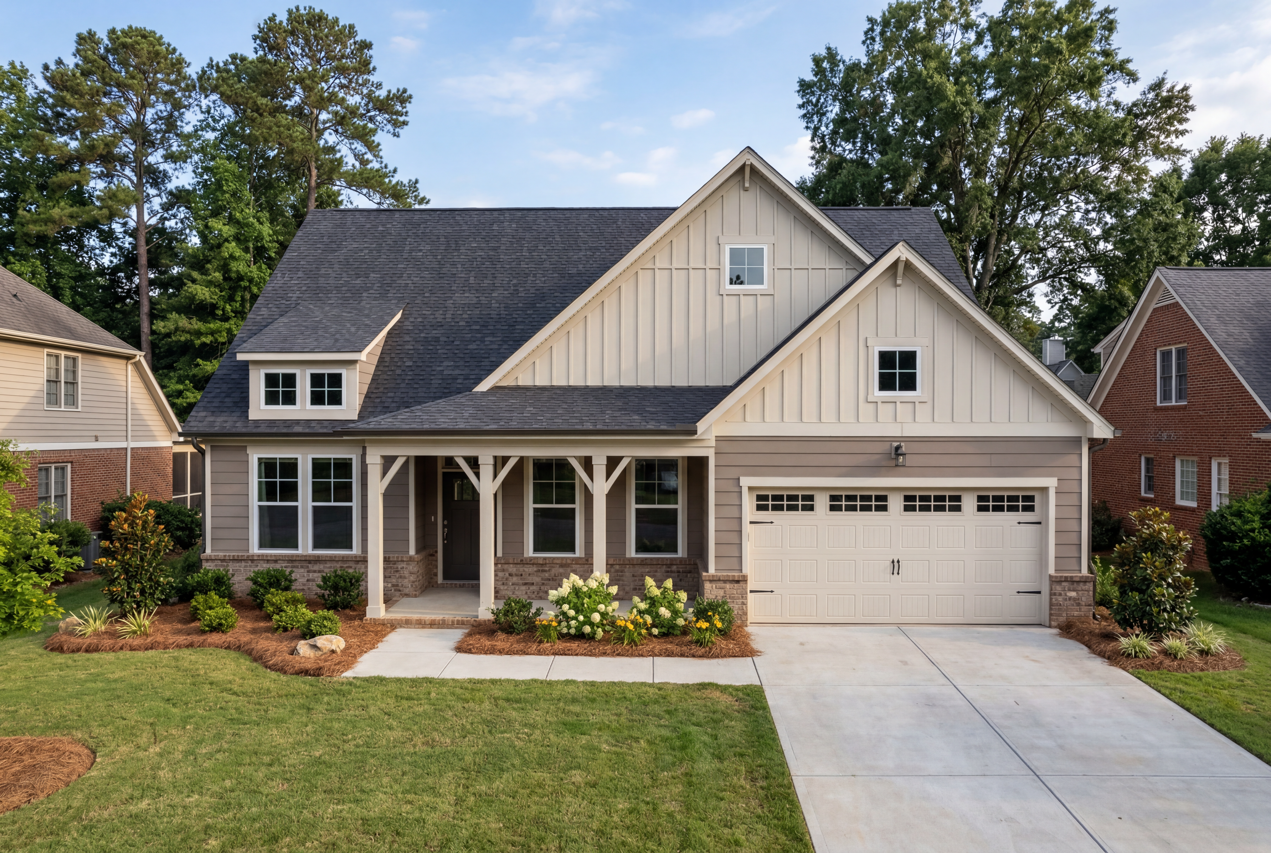 Craftsman-style exterior of Magnolia A 1-story home featuring 2-car garage, front porch, brick accents, and lush landscaping in Mooresville NC