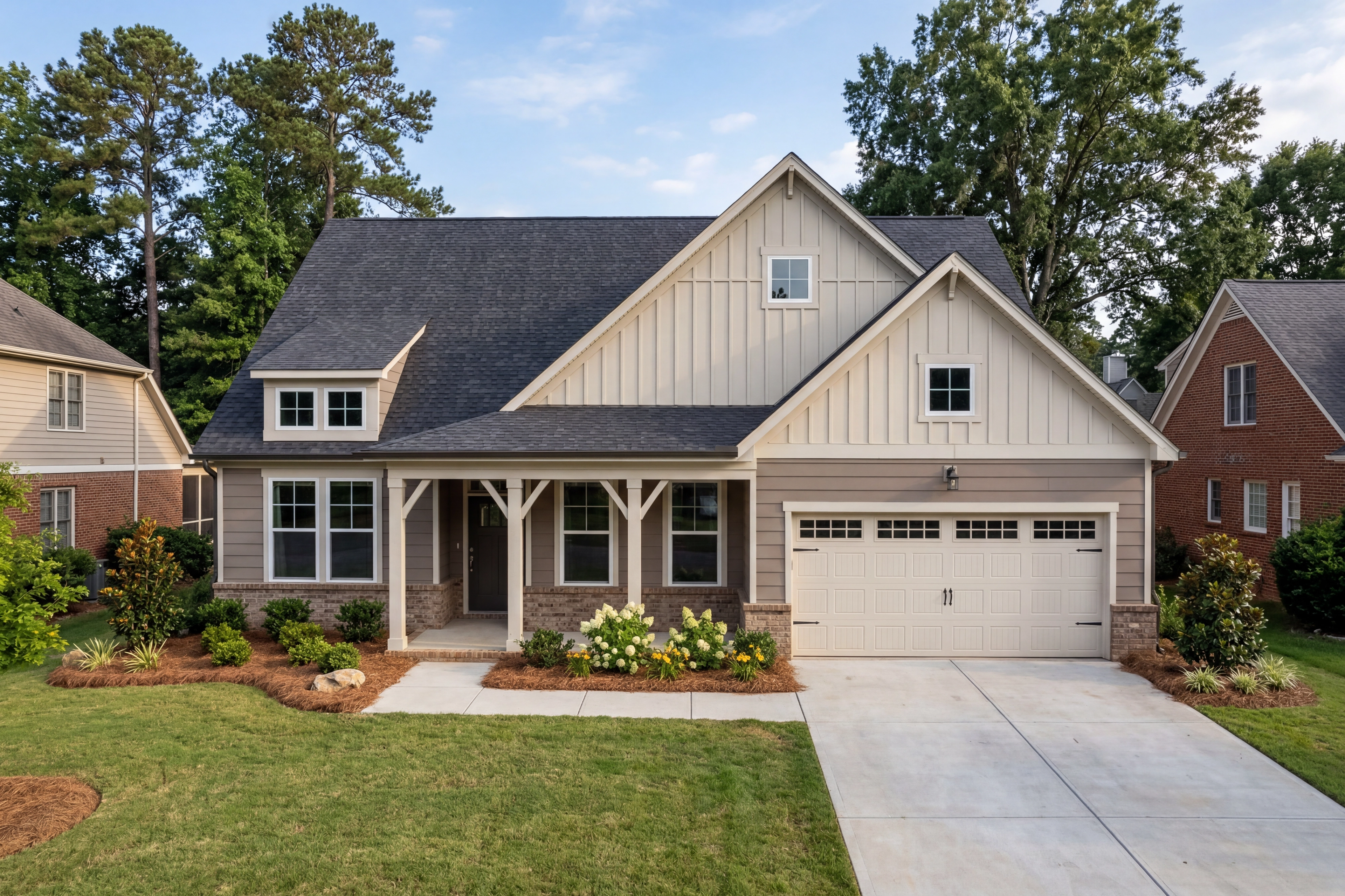 Craftsman-style exterior of Magnolia A 1-story home featuring 2-car garage, front porch, brick accents, and lush landscaping in Mooresville NC