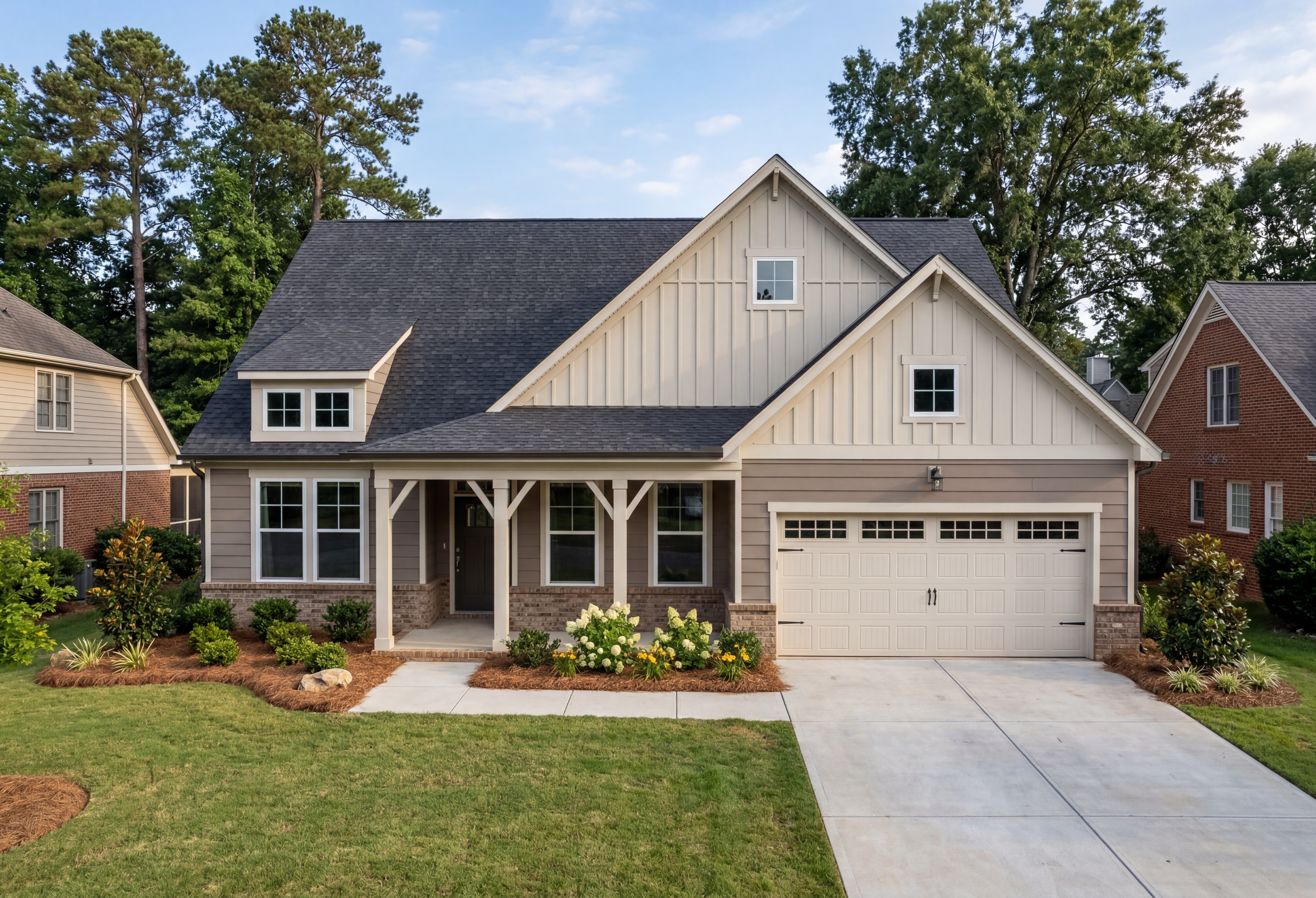 Craftsman-style exterior of Magnolia A 1-story home featuring 2-car garage, front porch, brick accents, and lush landscaping in Mooresville NC