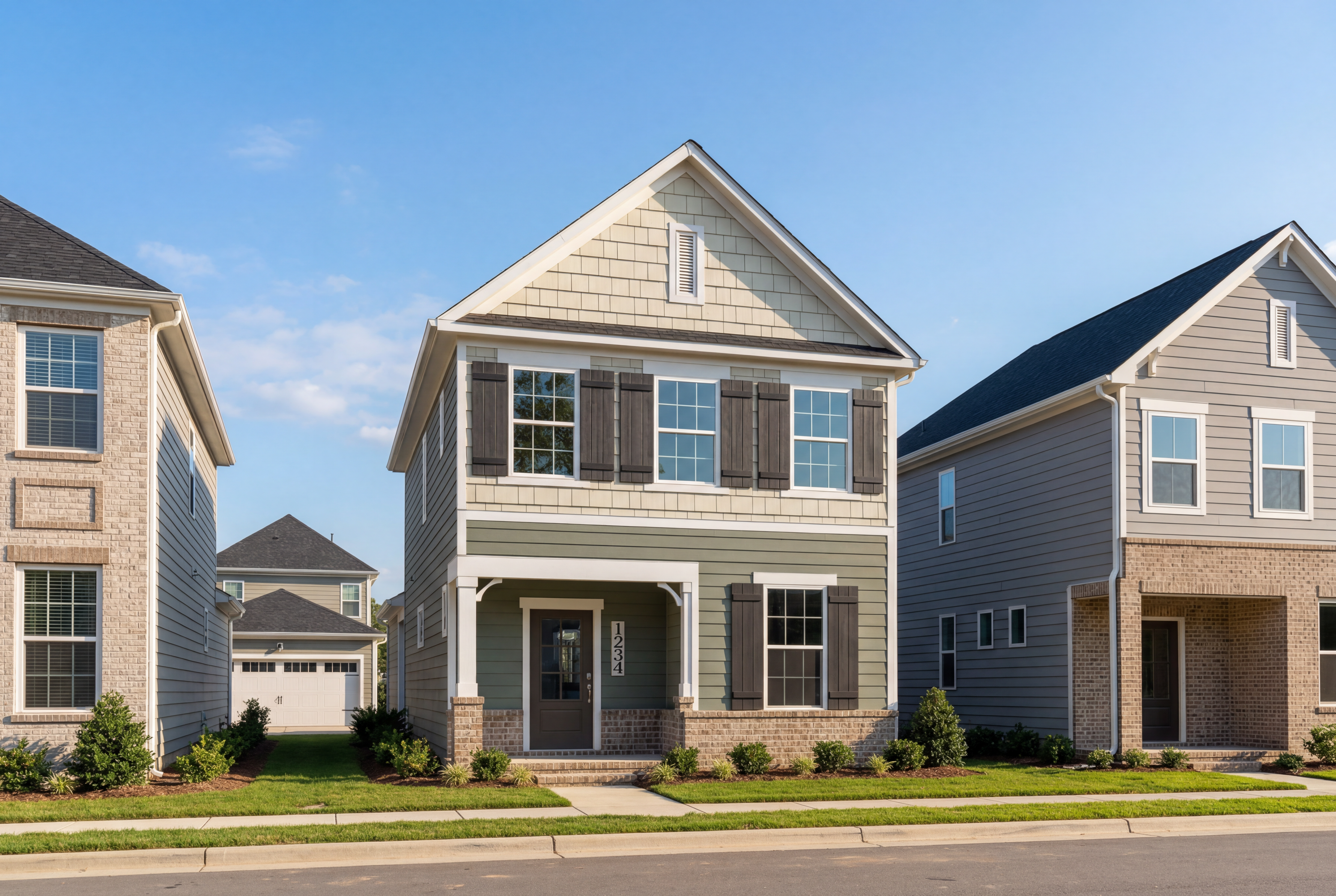 Two-story The Burke D home elevation featuring shake siding, green shutters, covered porch, and brick accents in Knightdale neighborhood