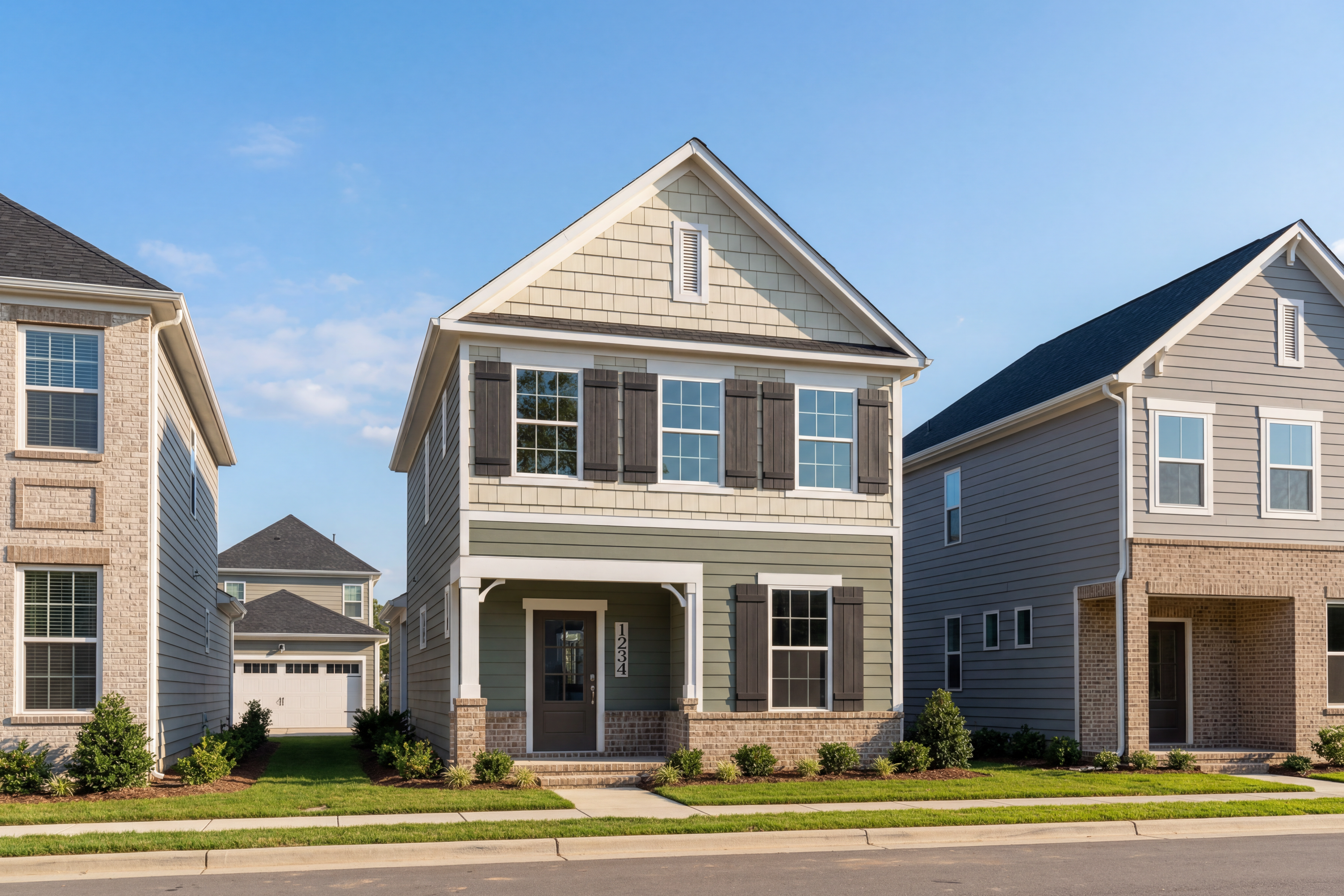 Two-story The Burke D home elevation featuring shake siding, green shutters, covered porch, and brick accents in Knightdale neighborhood