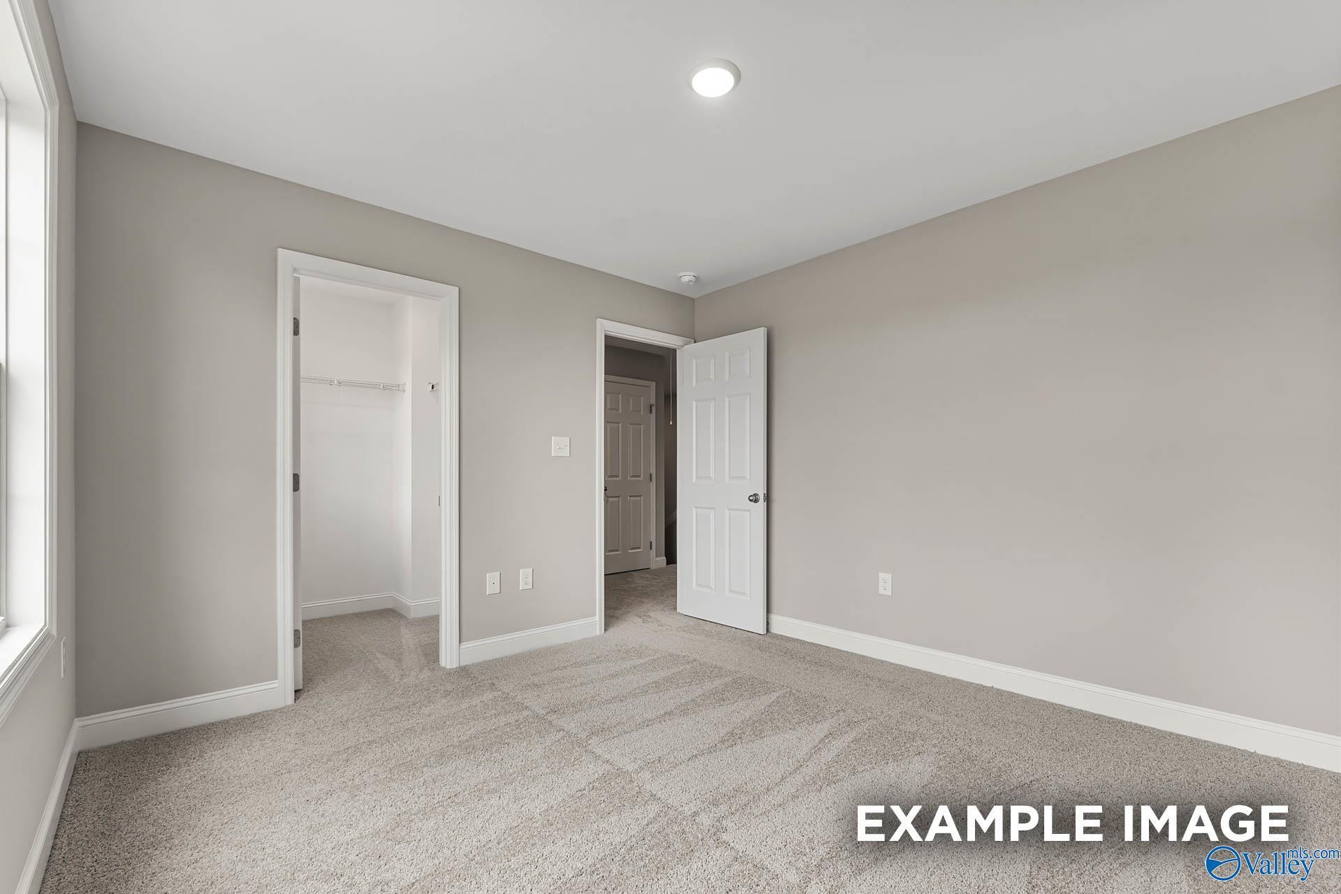 Spacious bedroom with light gray walls, beige carpet, walk-in closet, and adjoining bathroom in Davidson Homes Chelsea B, Toney Alabama