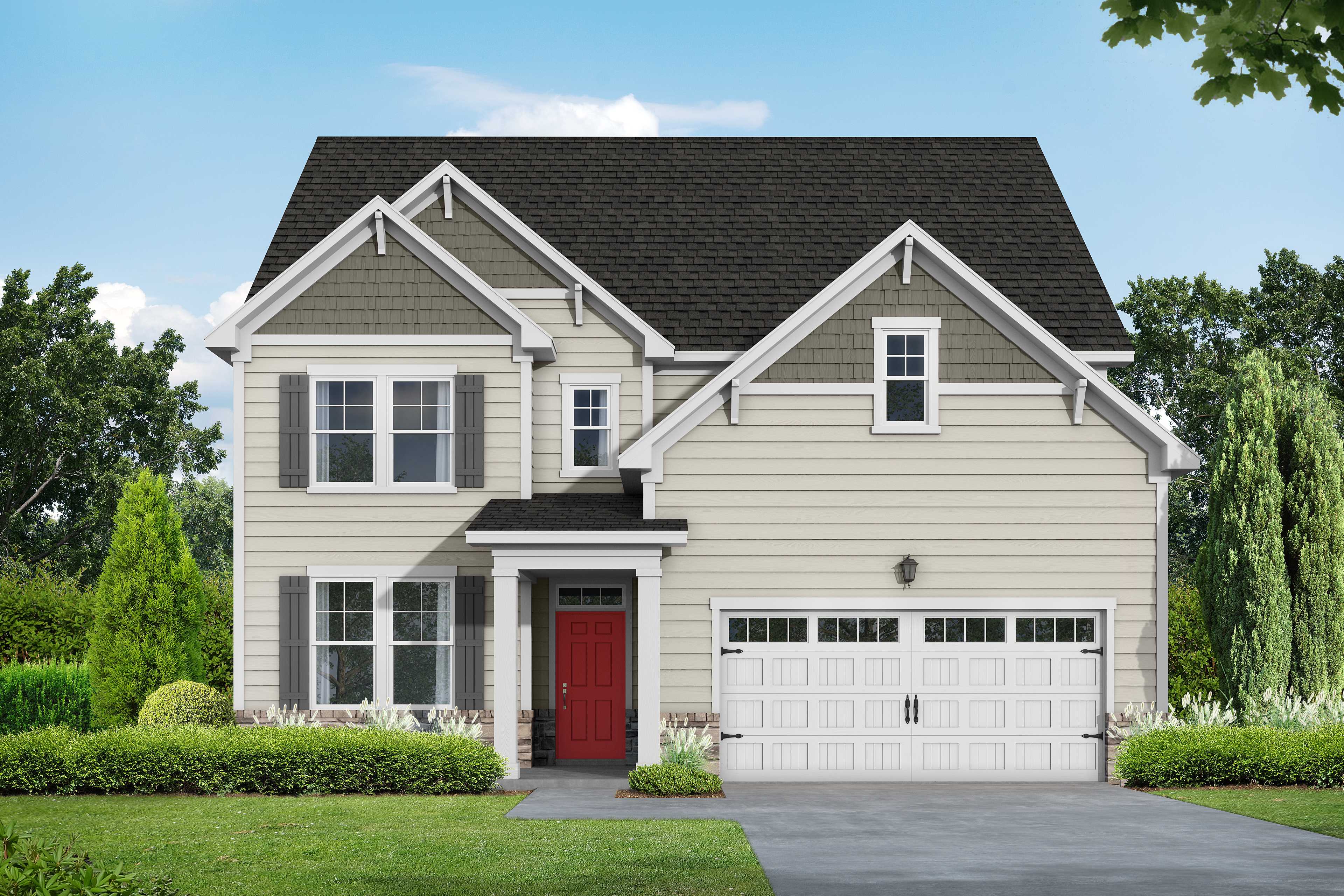 Two-story Hickory II A elevation by Davidson Homes: beige siding, black roof, red door, two-car garage amid lush landscaping in Lillington NC